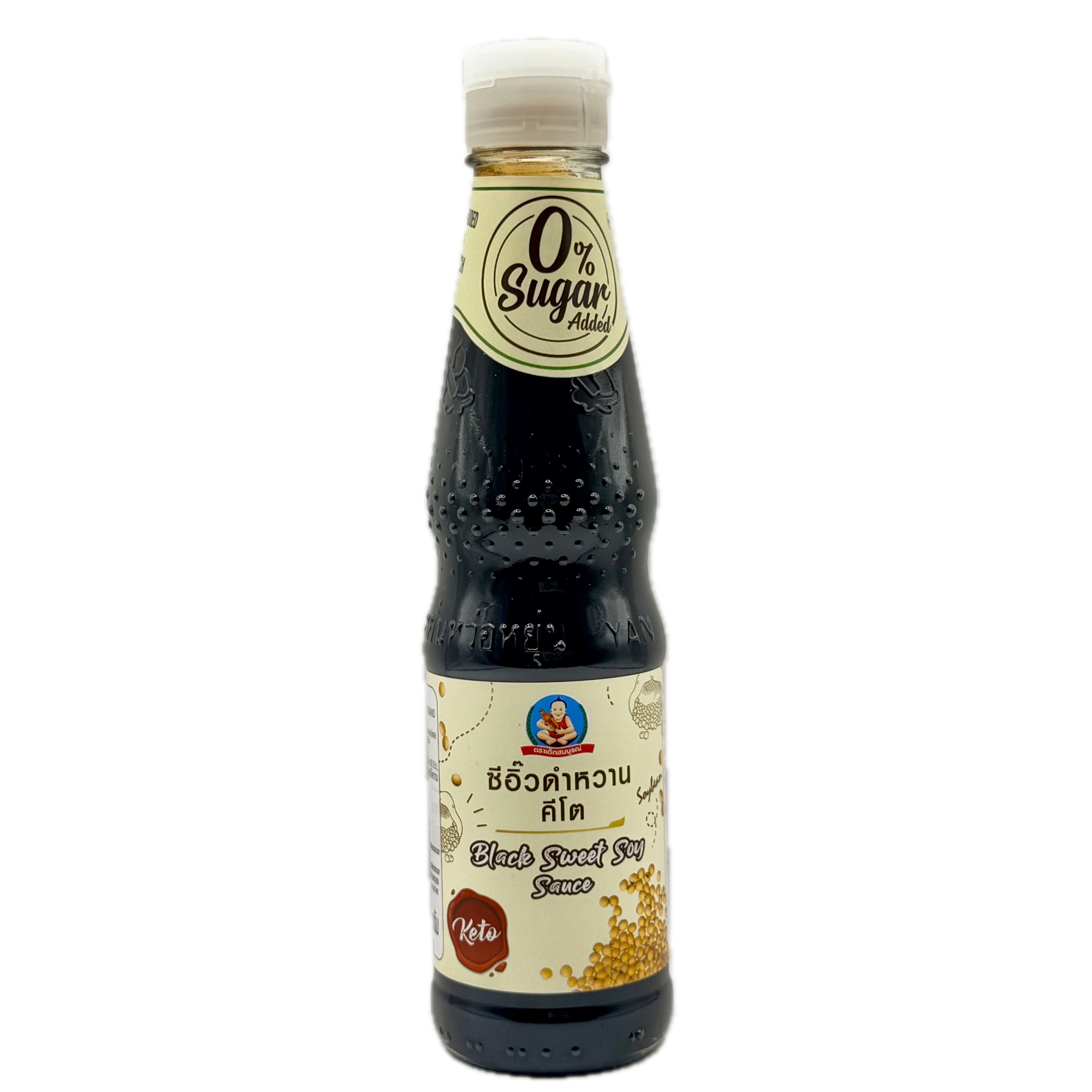 Dek Som Boon keto black sweet soy sauce bottle with 0% sugar front label on white background