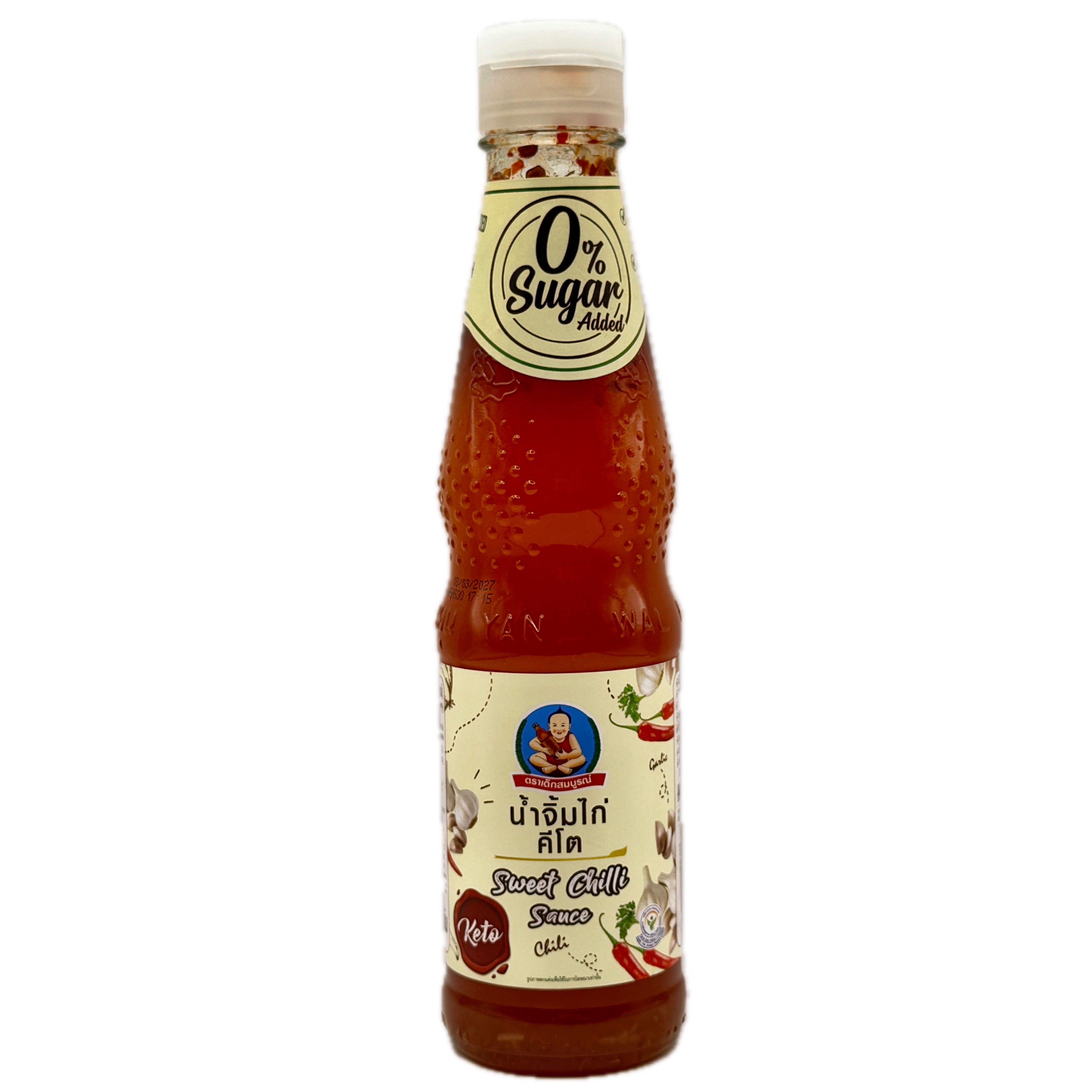 Dek Som Boon keto sweet chilli sauce bottle with 0% sugar label front view on white background