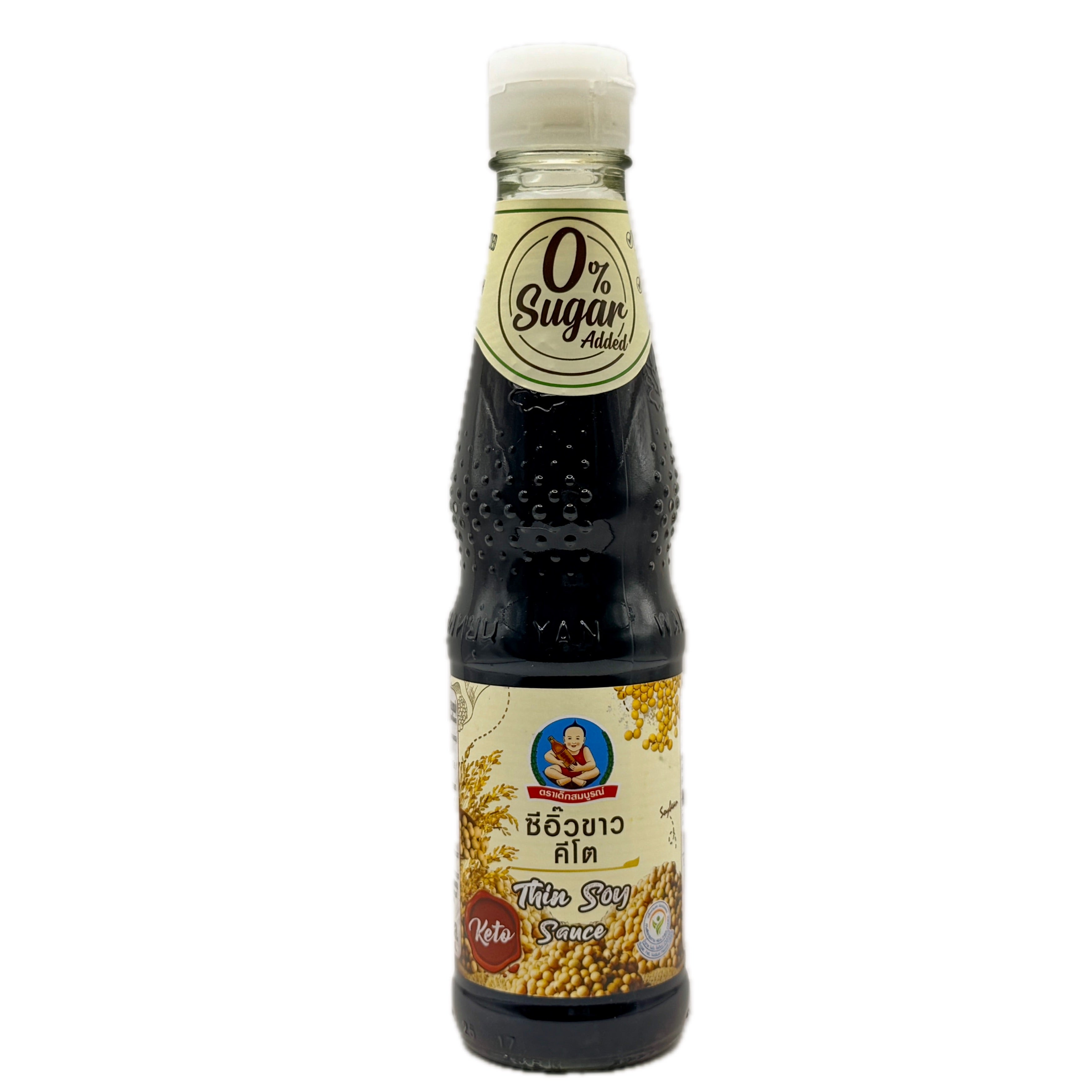 Dek Som Boon keto thin soy sauce bottle with 0% sugar front label on white background