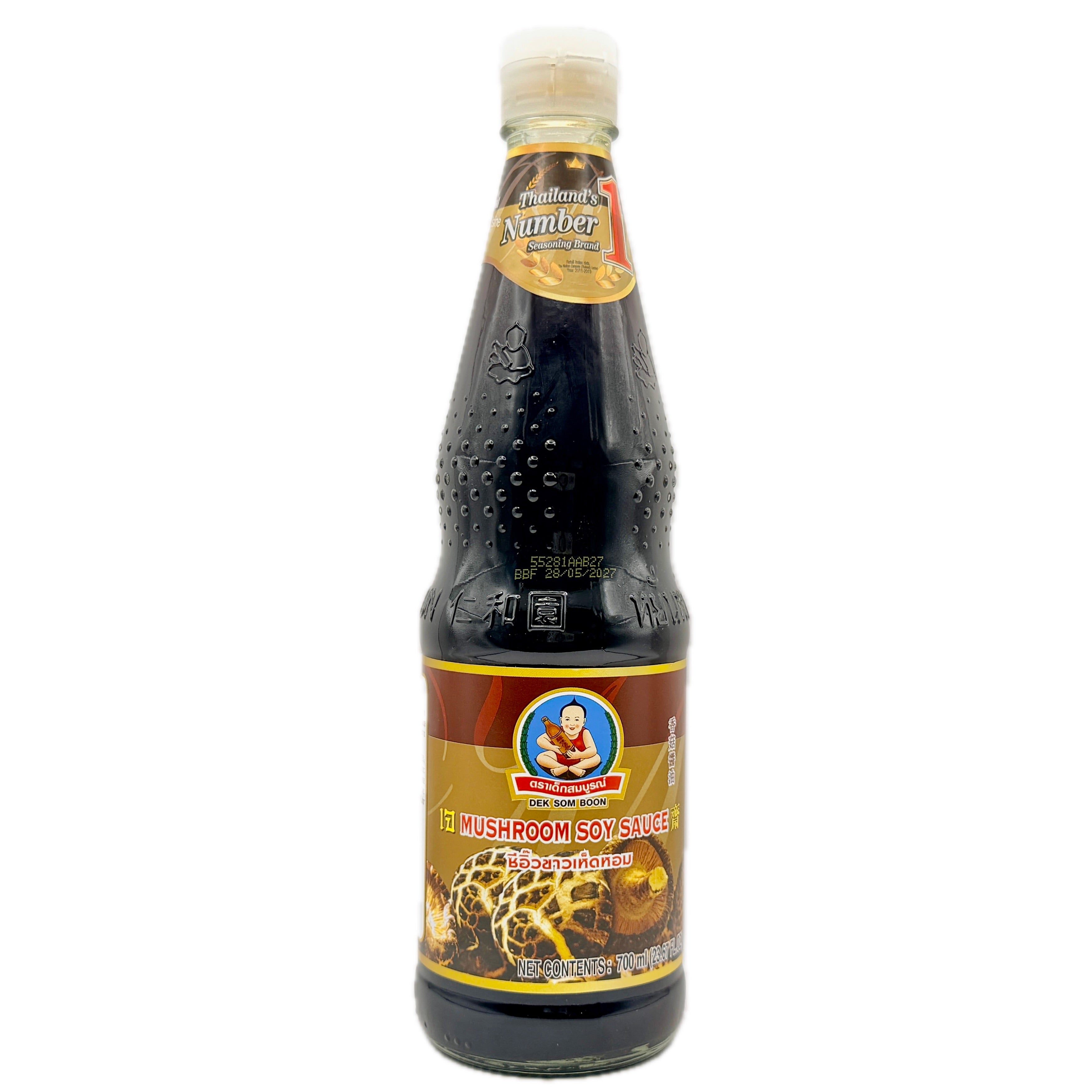 Dek Som Boon Mushroom Soy Sauce 700ml gold brown label glass bottle front