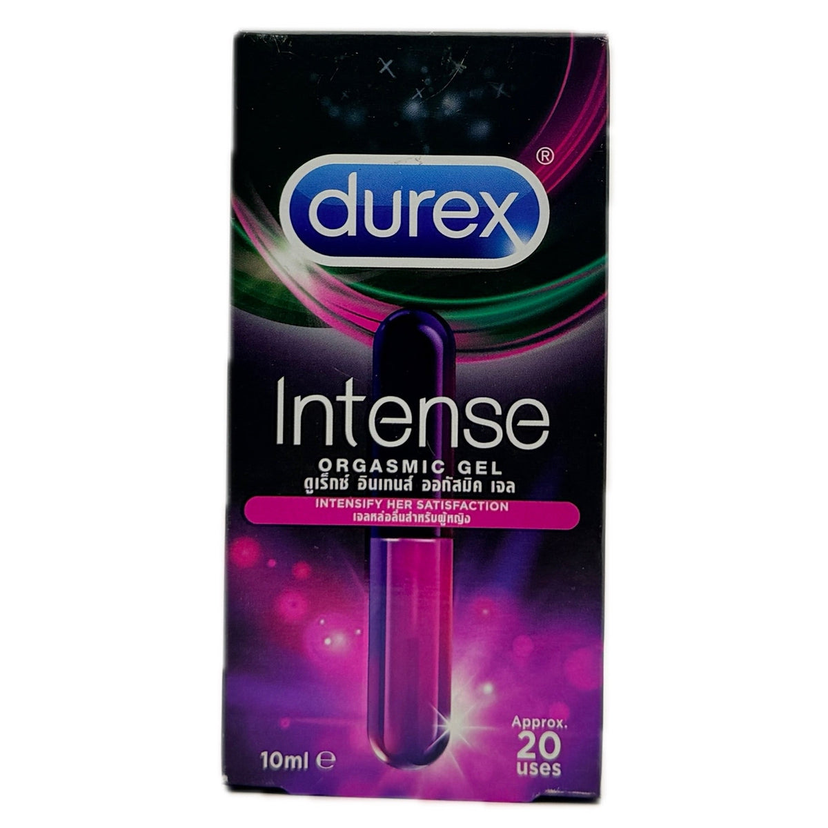 Durex Intense Orgasmic Gel 10ml black and purple box front view