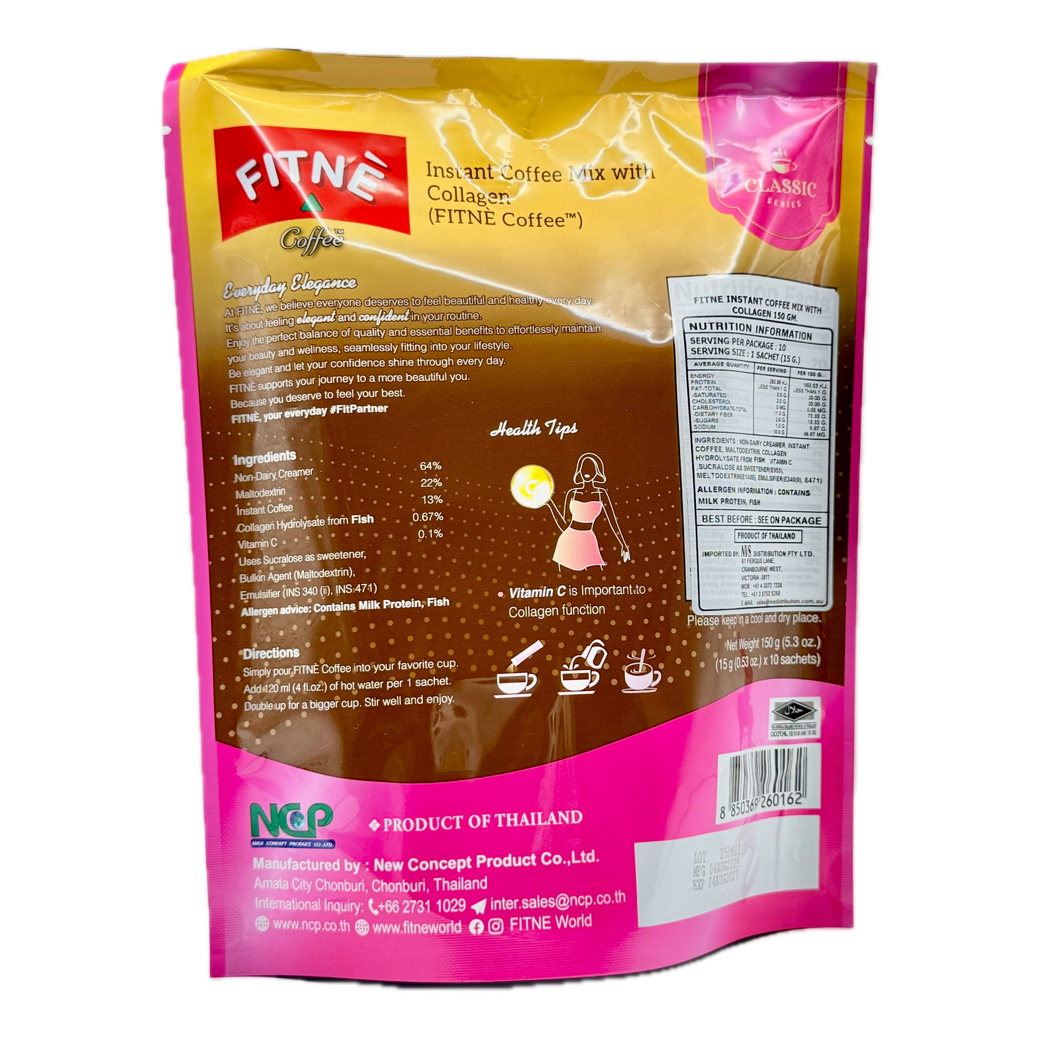 Fitne coffee collagen back label ingredients directions 150g