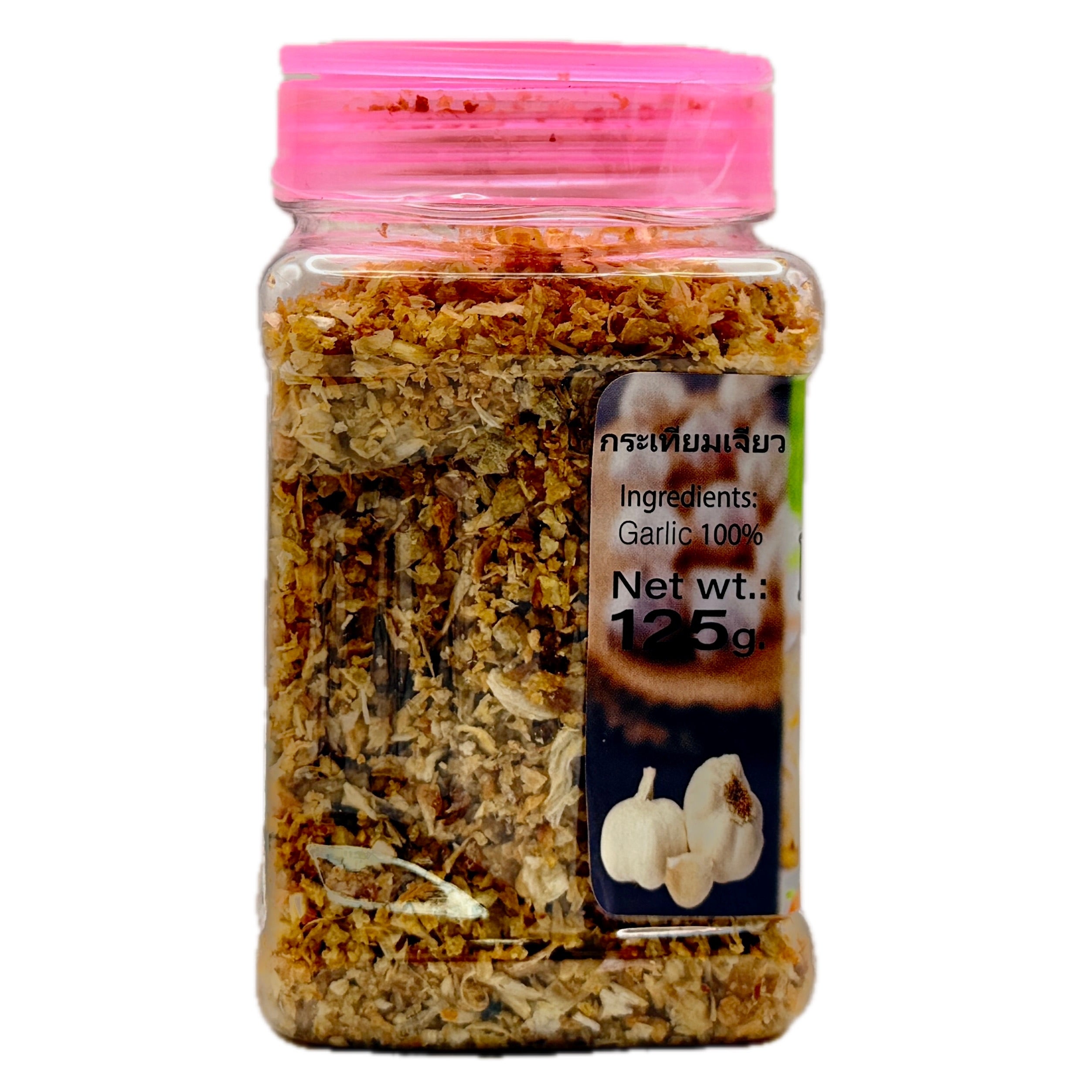 GAG Fried Garlic side label showing garlic 100% ingredients and net weight 125g