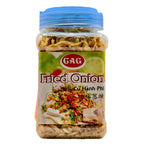 GAG Fried Onion 125g clear plastic jar with blue lid showing crispy golden onion flakes