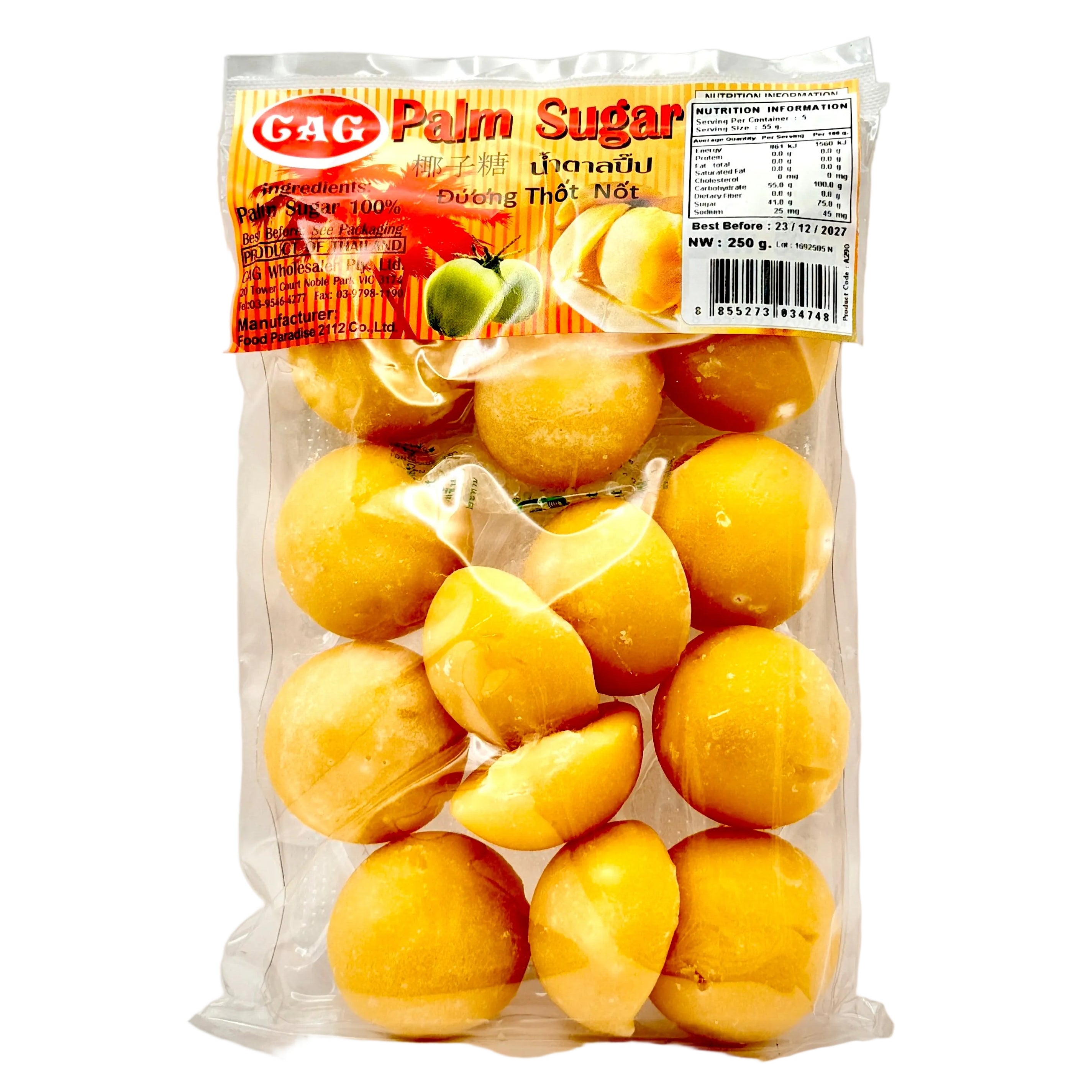 Packaged lemons with a palm sugar brand label on a white background