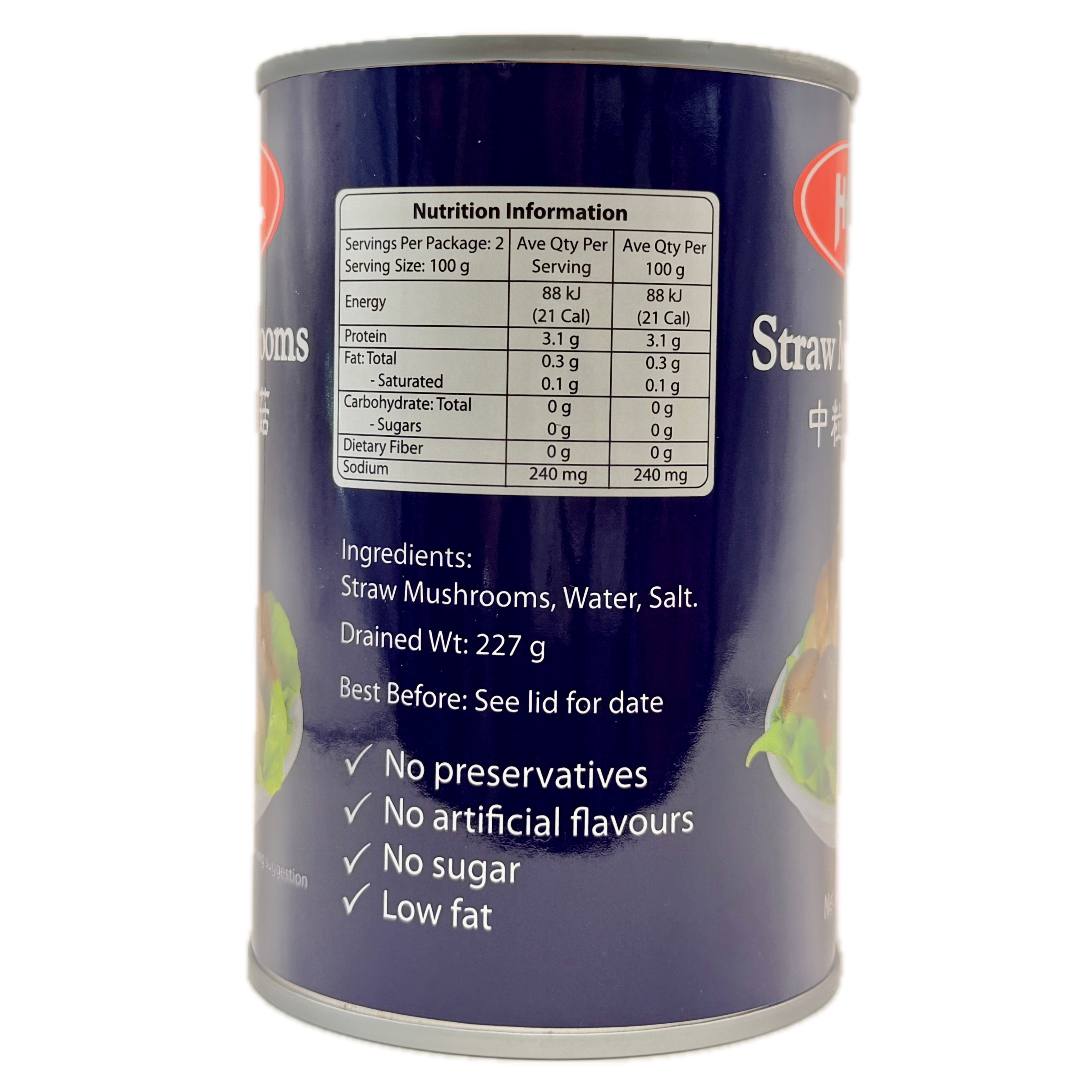 HAC Straw Mushrooms back label showing nutrition information and ingredients list