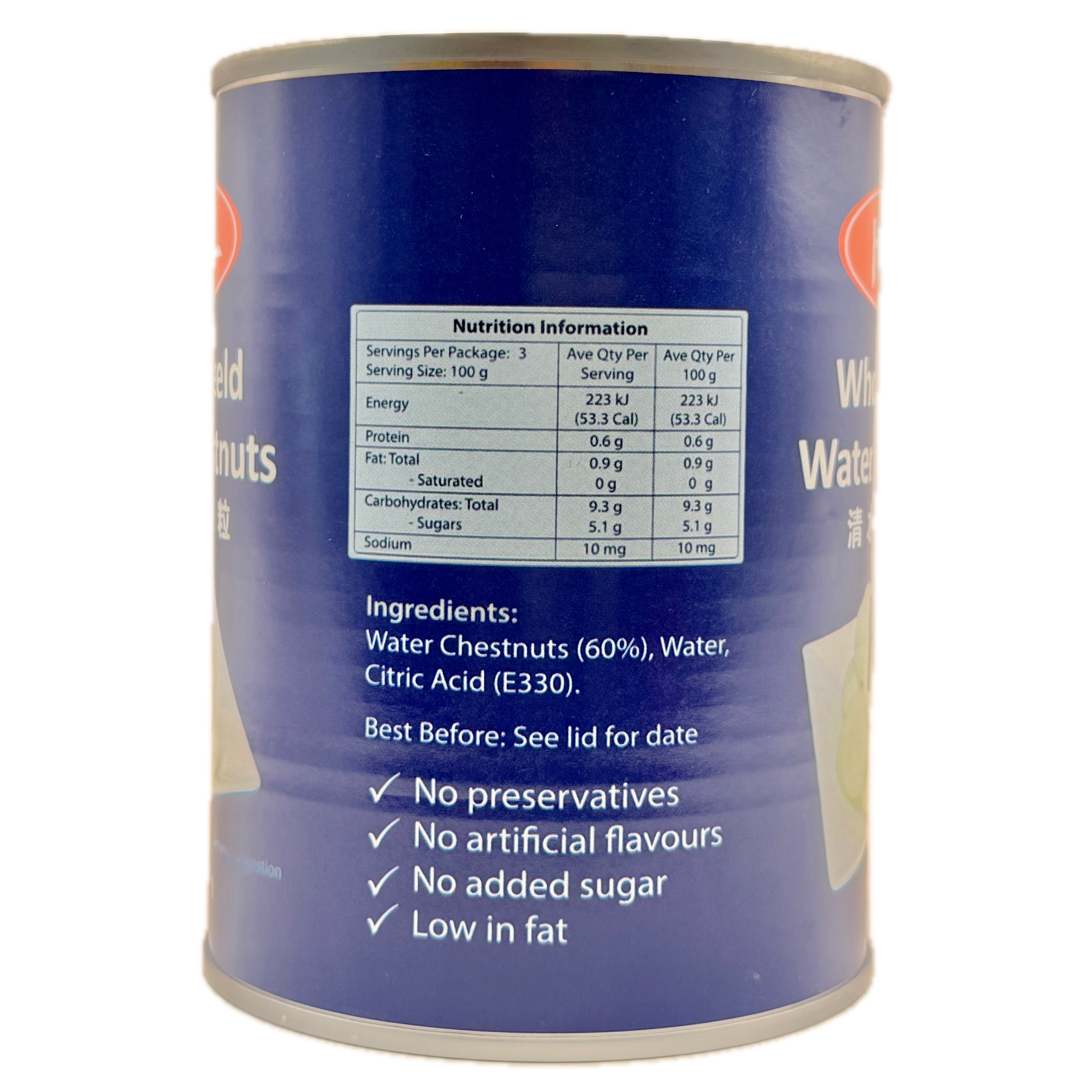 HAC Water Chestnuts back label showing nutrition information and ingredients list