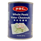 HAC Whole Peeled Water Chestnuts 567g dark blue can with white text and water chestnut serving photo