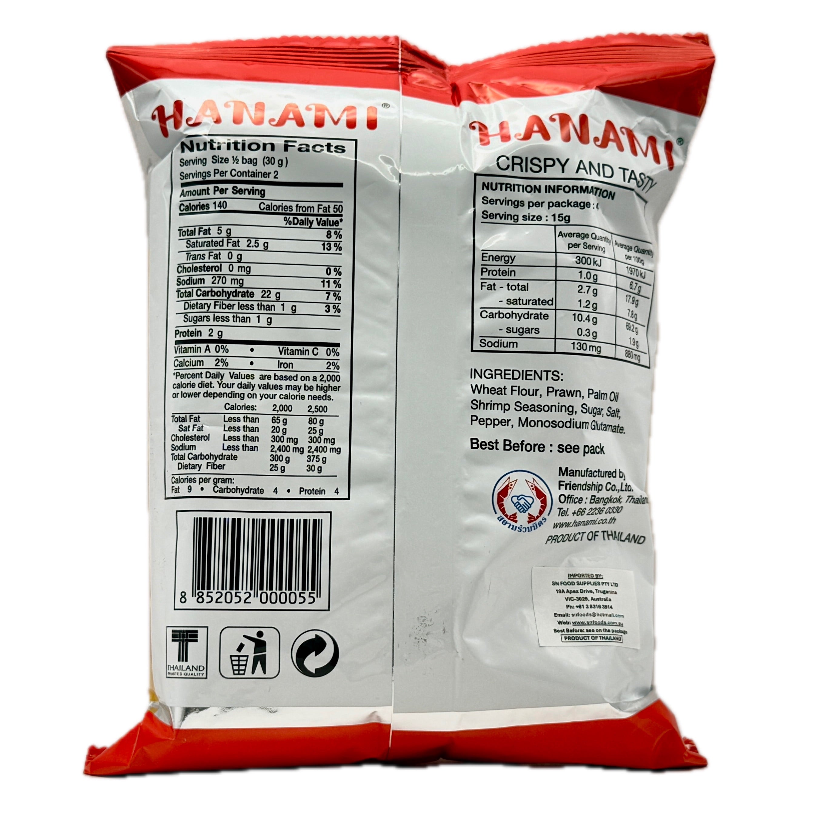 Hanami Toasted Prawn Crackers back nutrition label ingredients
