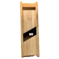 Japanese wooden mandoline slicer with stainless steel blade on white background
