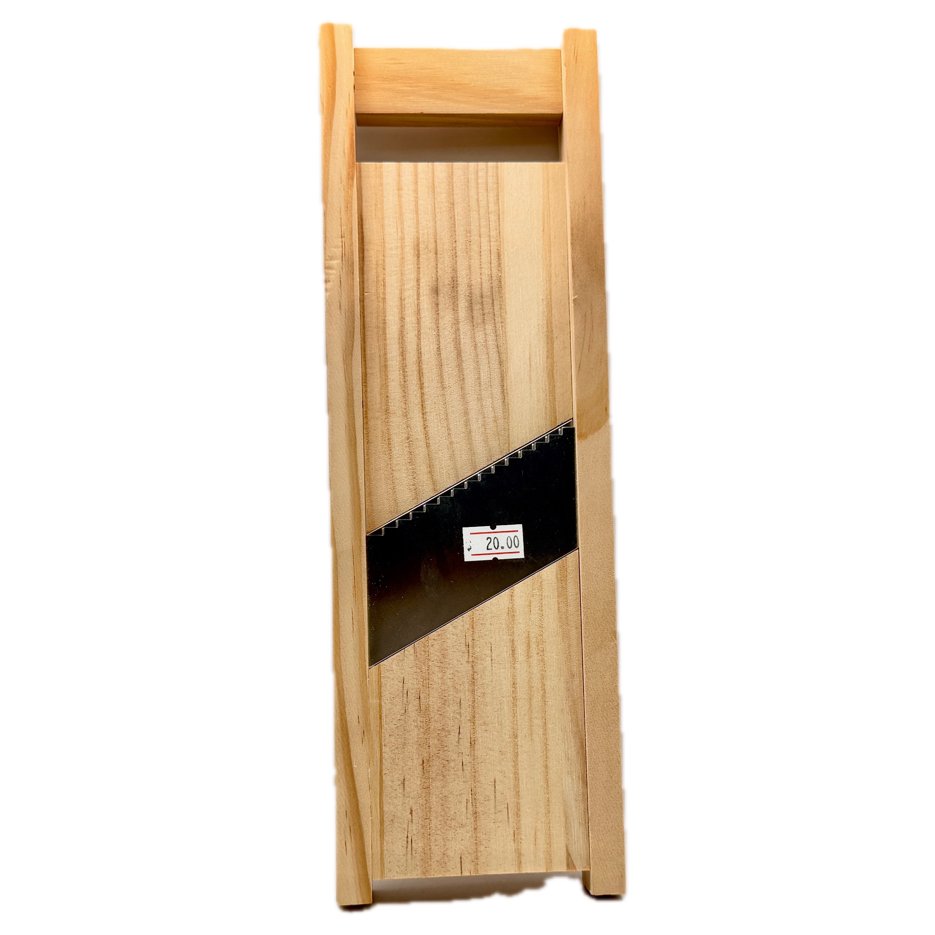 Japanese wooden mandoline slicer with stainless steel blade on white background