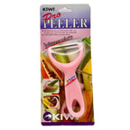 Kiwi Pro Peeler pink handle dual stainless blade front on white background