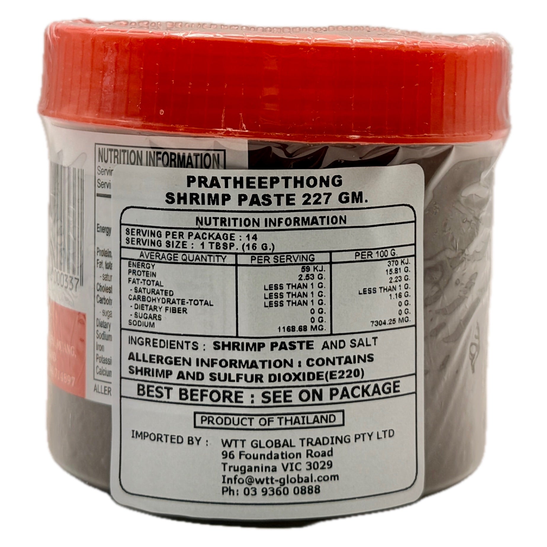 Klong Kone Shrimp Paste back label showing nutrition information and WTT Global Trading importer details