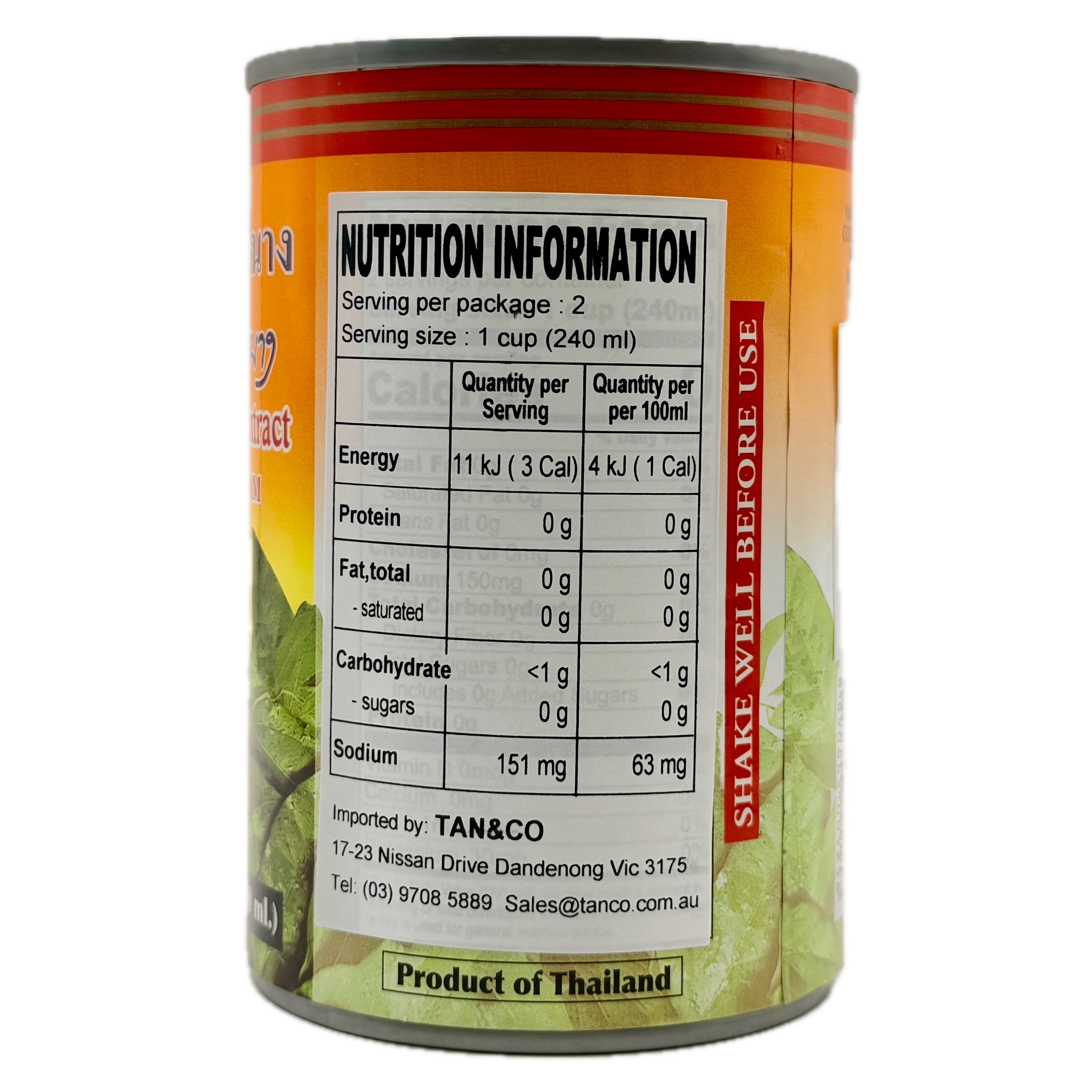 Lee Brand Yanang Leaves Extract back label showing nutrition information and Tan&Co importer details