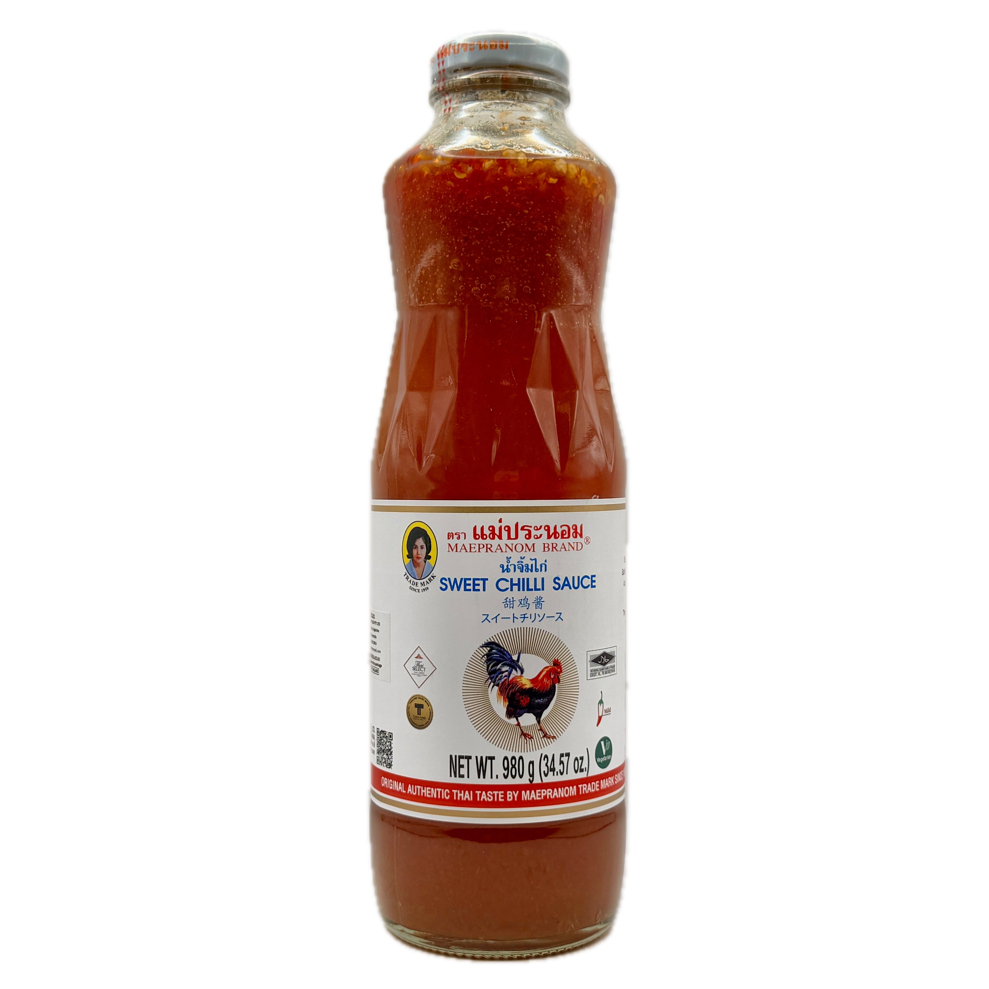 Maepranom Sweet Chilli Sauce 980g clear glass bottle with rooster label