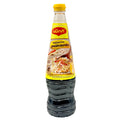 Bottle of sauce with a yellow label on a white background