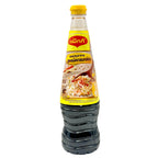 Bottle of sauce with a yellow label on a white background