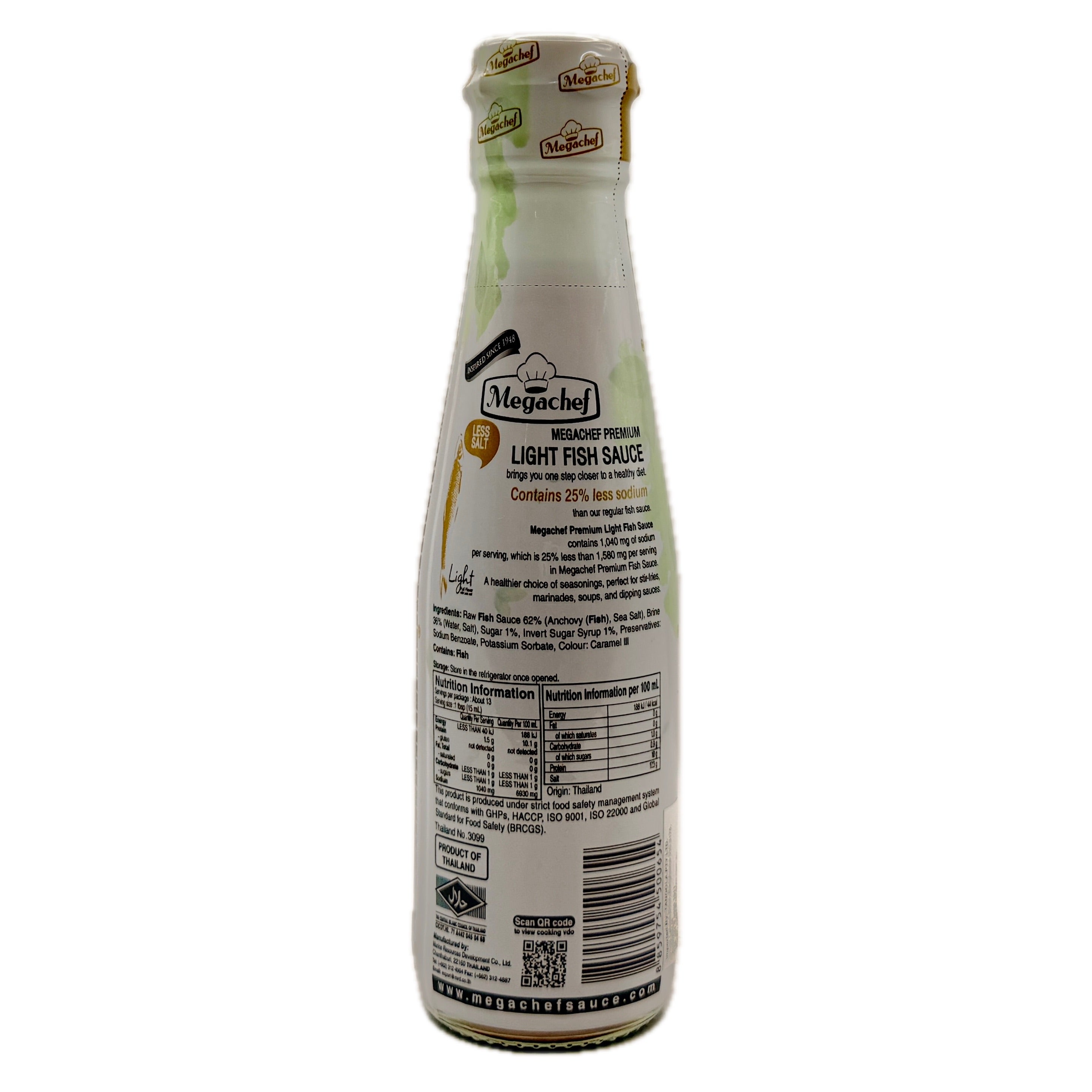 Megachef Premium Light Fish Sauce 200ml nutrition label and ingredients back
