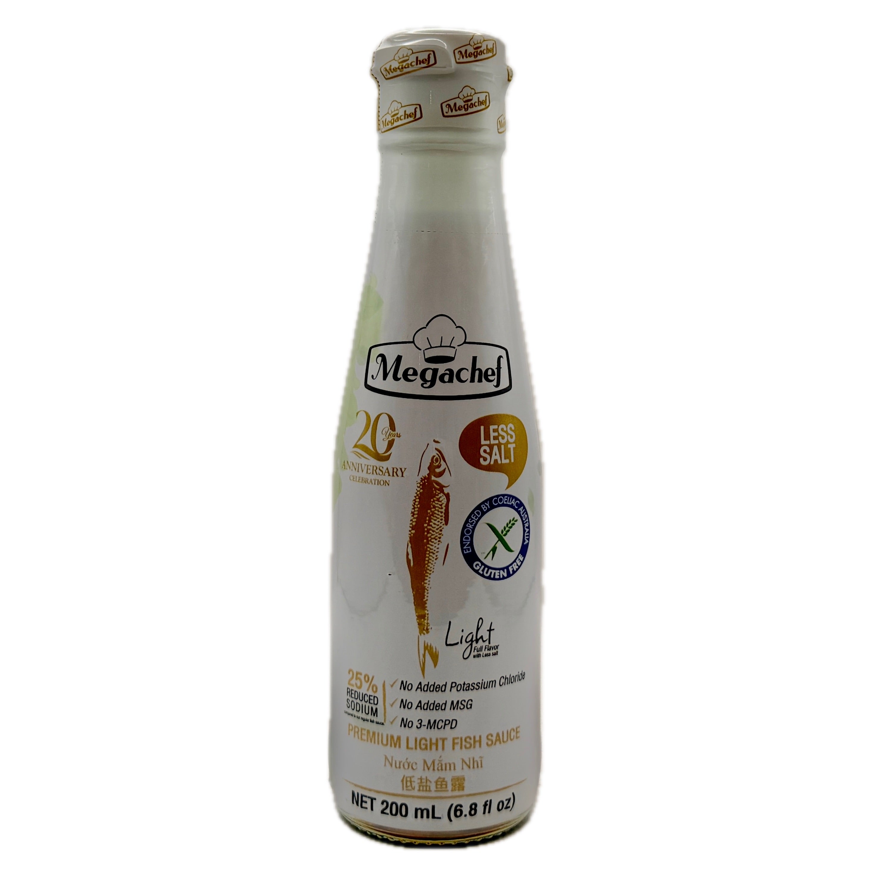 Megachef Premium Light Fish Sauce 200ml Less Salt Gluten Free bottle front