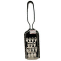 Small stainless steel handheld flat grater with wire loop handle on white background