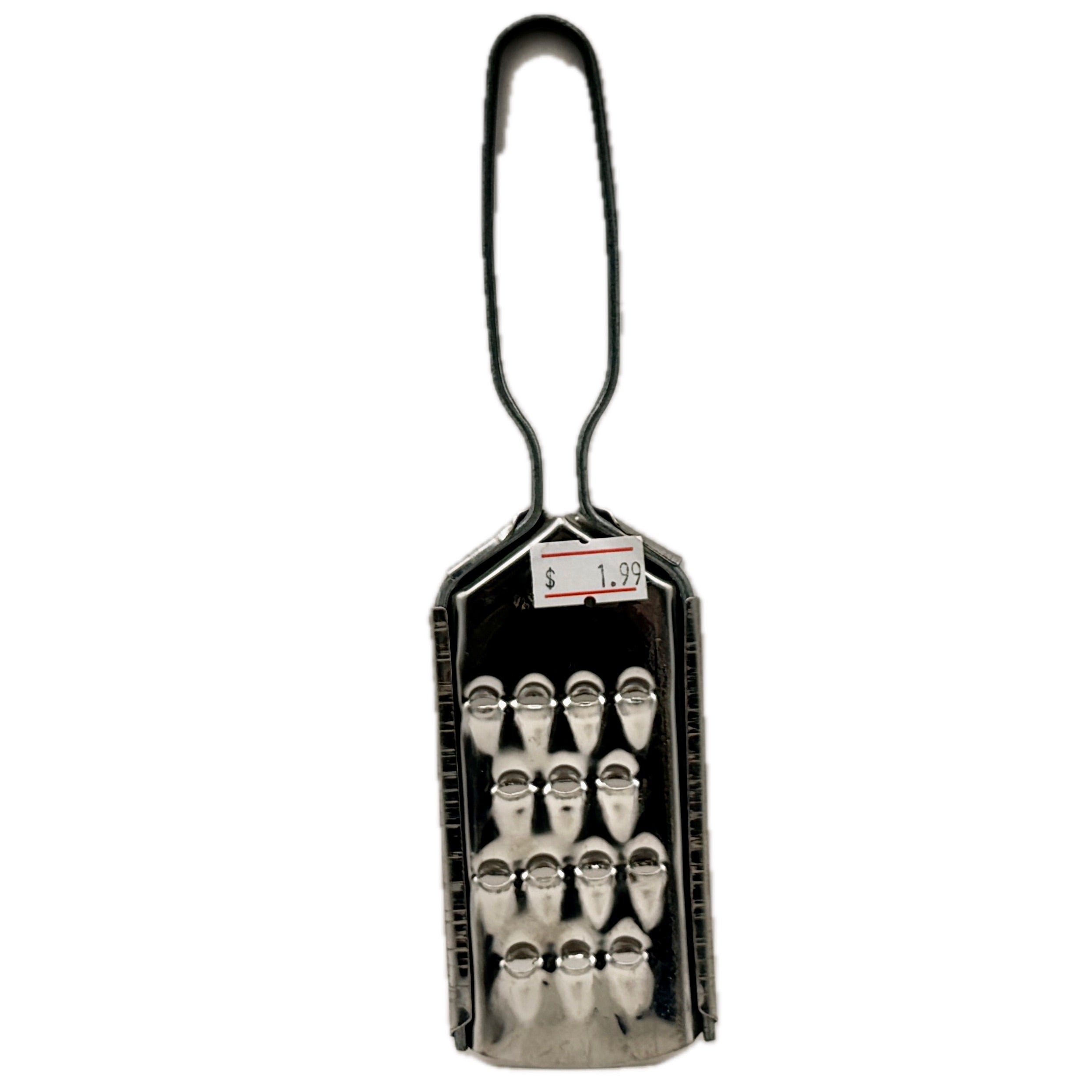 Small stainless steel handheld flat grater with wire loop handle on white background