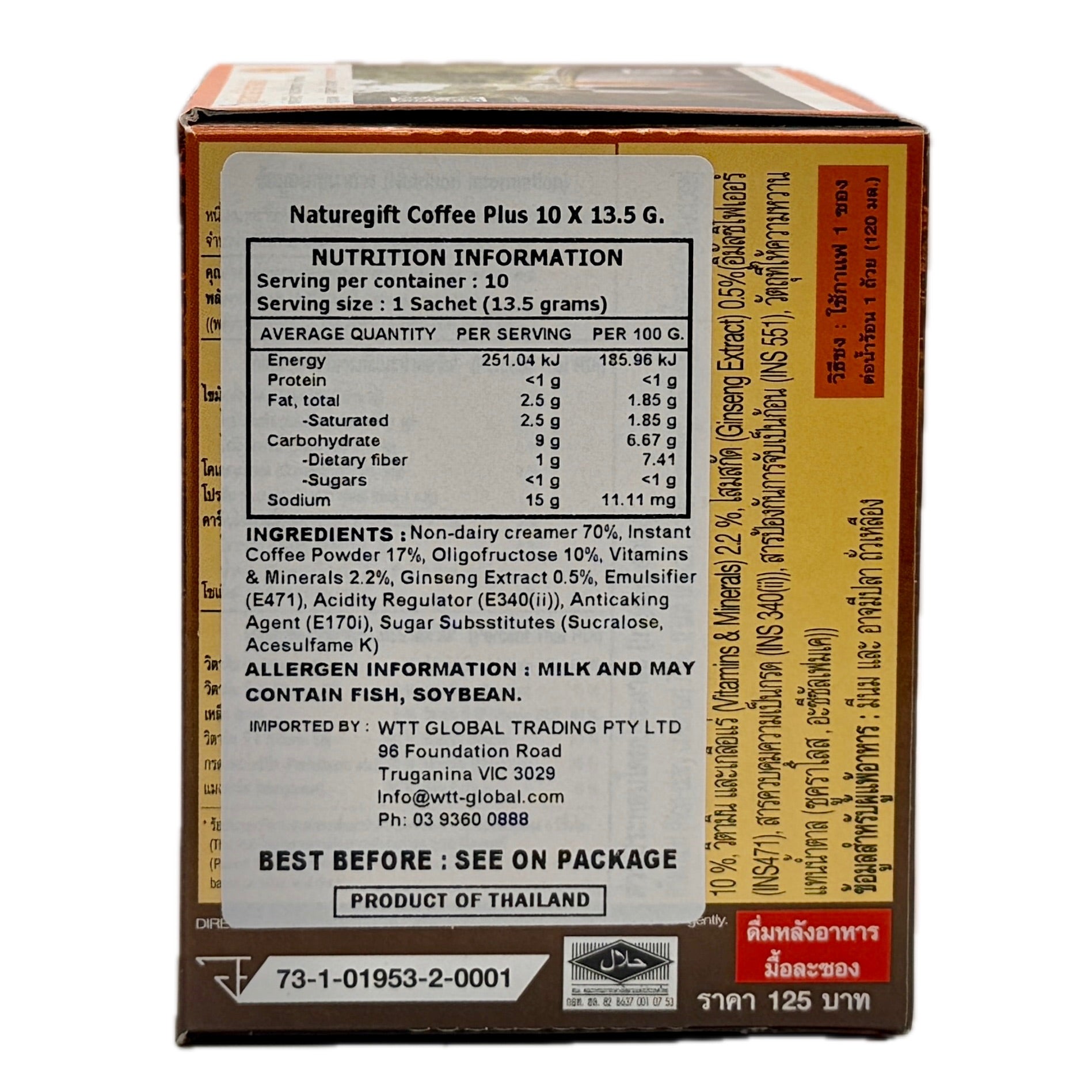 Naturegift Coffee Plus Ginseng nutrition label back