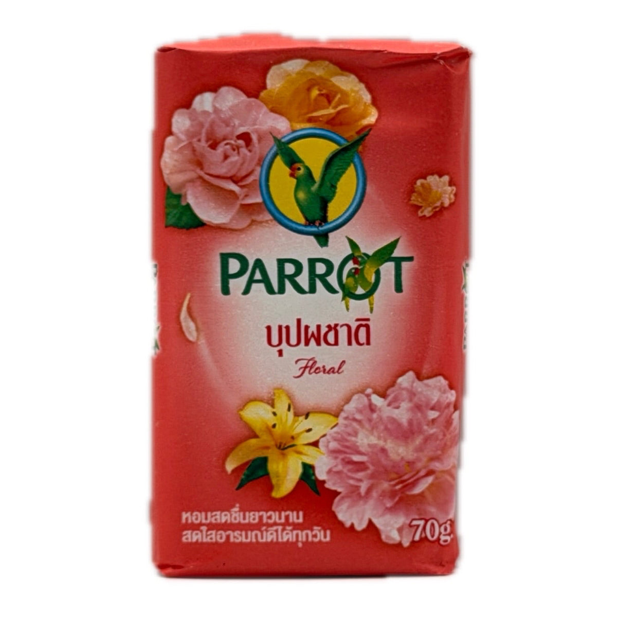 Parrot Floral Soap Bar 70g red packaging with flower designs