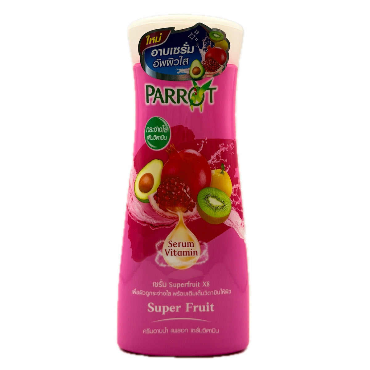 Parrot Super Fruit Serum Vitamin Shower Cream 190ml travel size front pink bottle