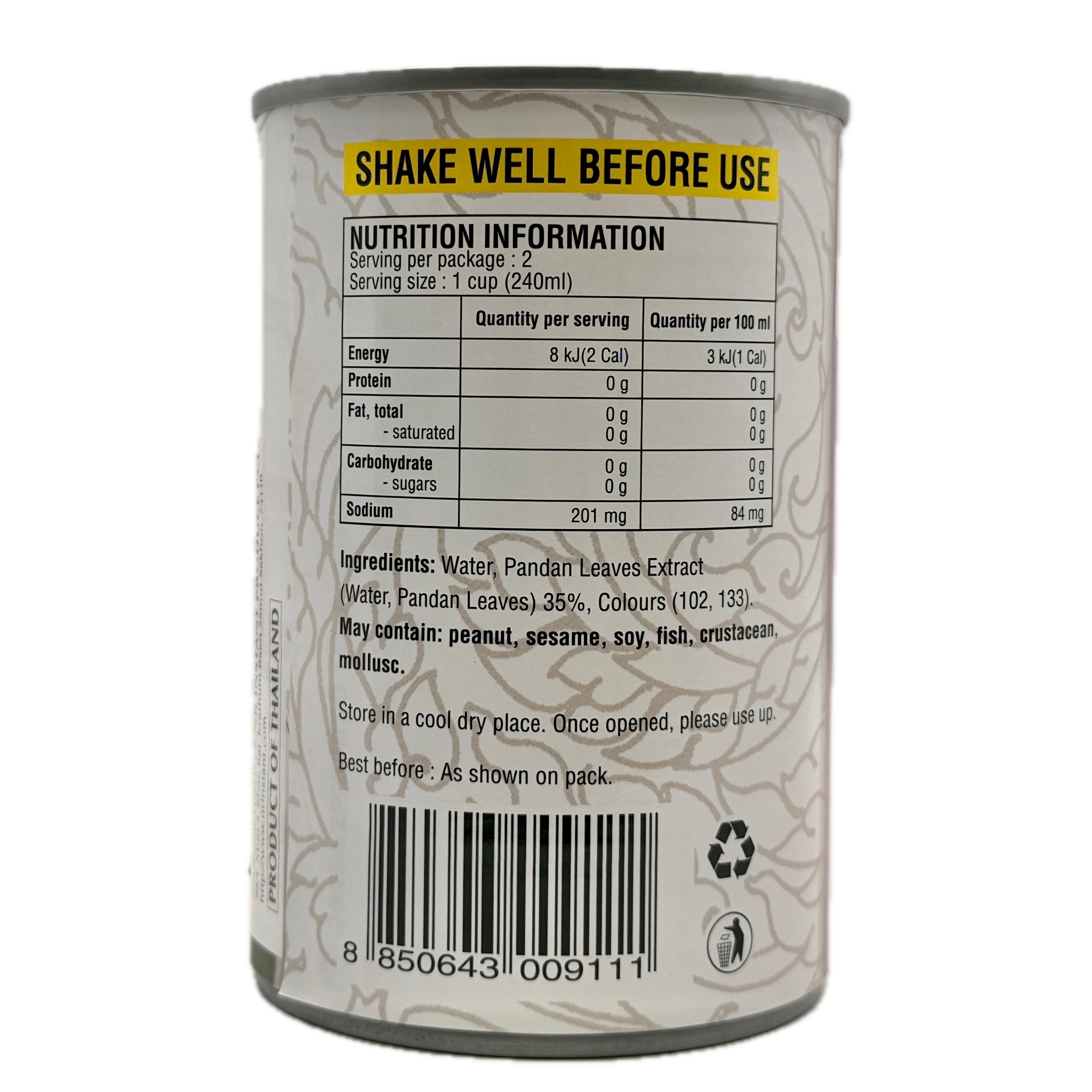 Por Kwan Pandan Leaves Extract back label showing nutrition information and shake well before use instruction