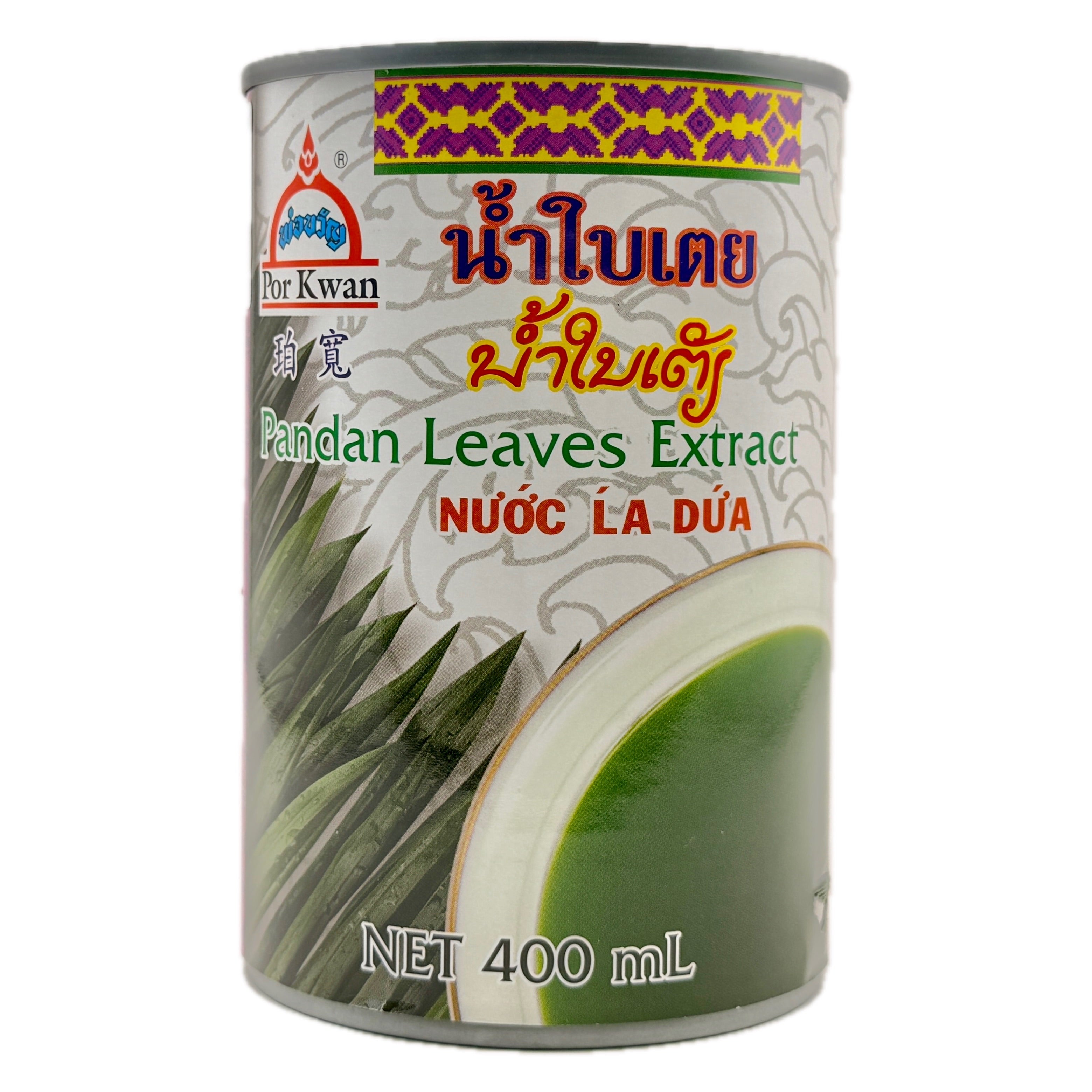 Por Kwan Pandan Leaves Extract 400ml white and green can with pandan leaf design and Thai script