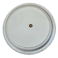 Rabbit Brand Thai enamelware white round plate bottom view showing Rabbit Brand hexagonal logo sticker