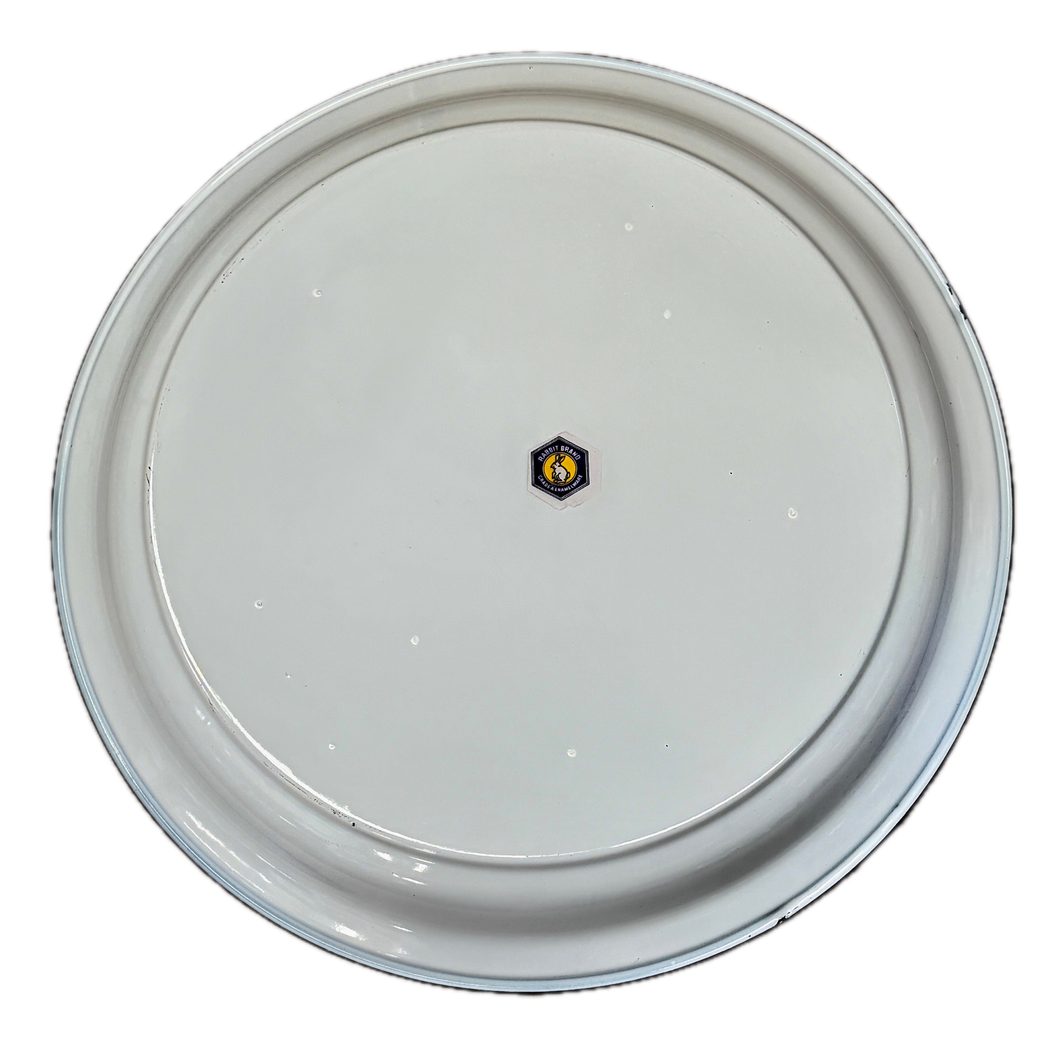 Rabbit Brand Thai enamelware white round plate bottom view showing Rabbit Brand hexagonal logo sticker