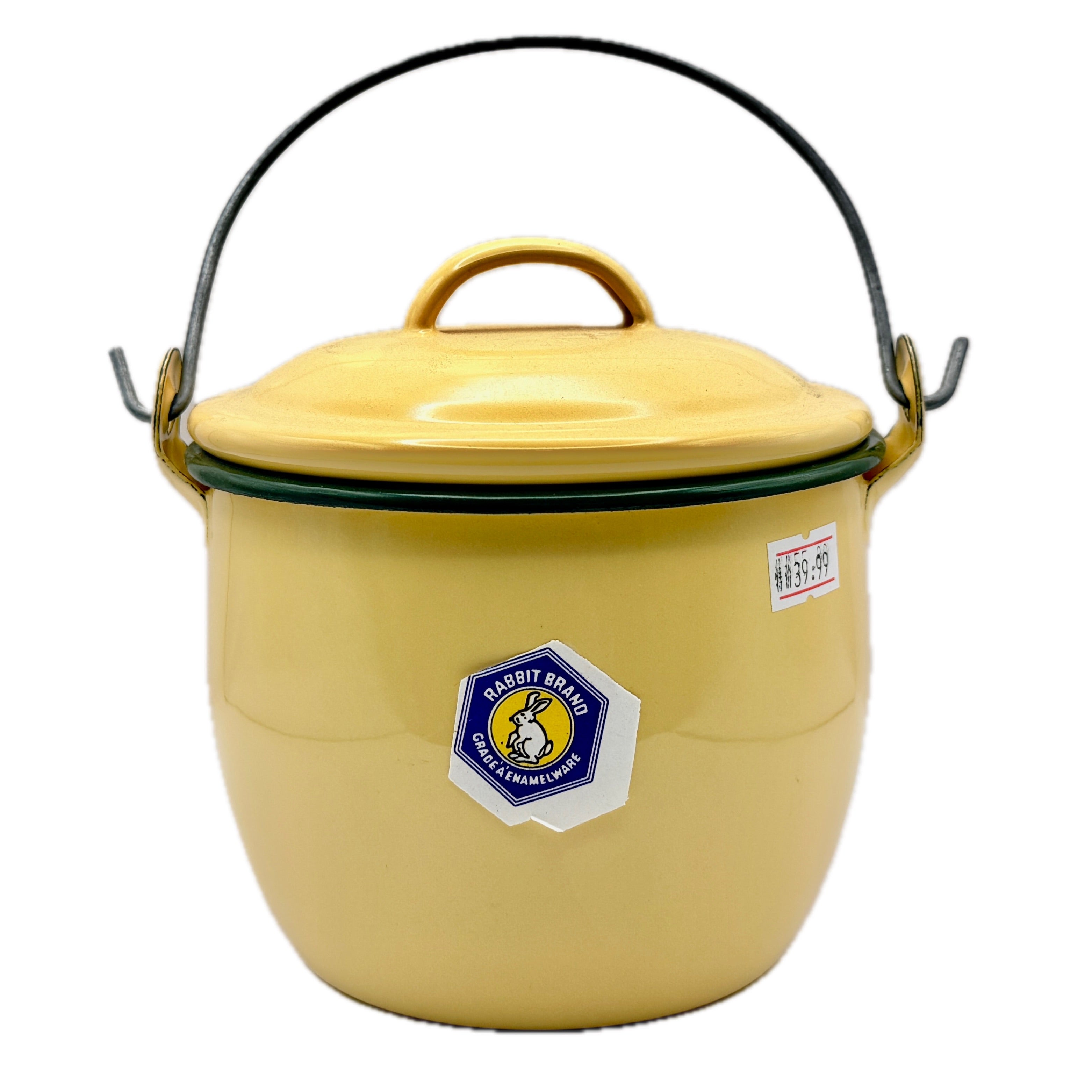 Rabbit Brand Grade A Yellow Enamelware Pot with lid on white background