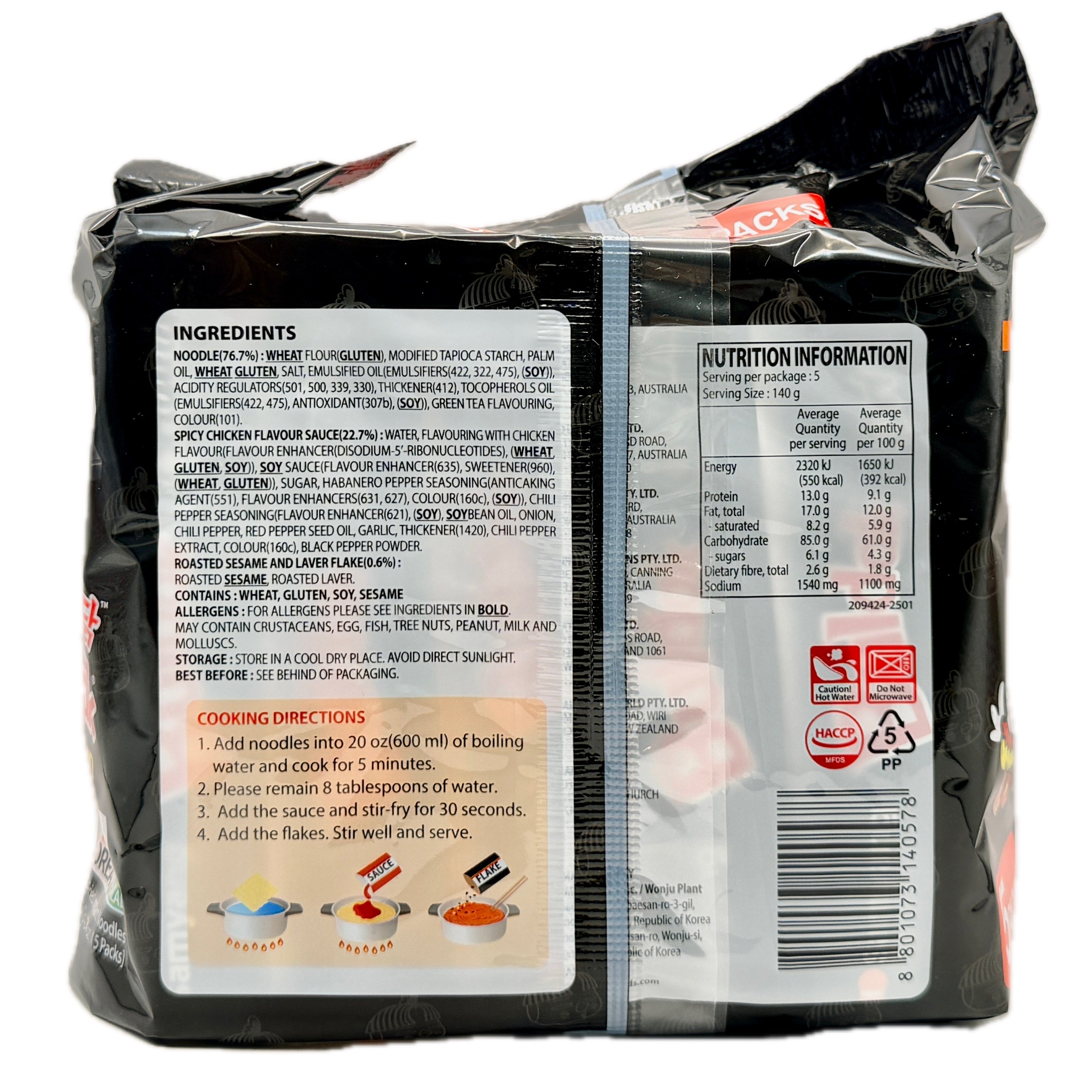 Samyang Buldak Original Spicy Ramen 5 Pack ingredients and nutrition information