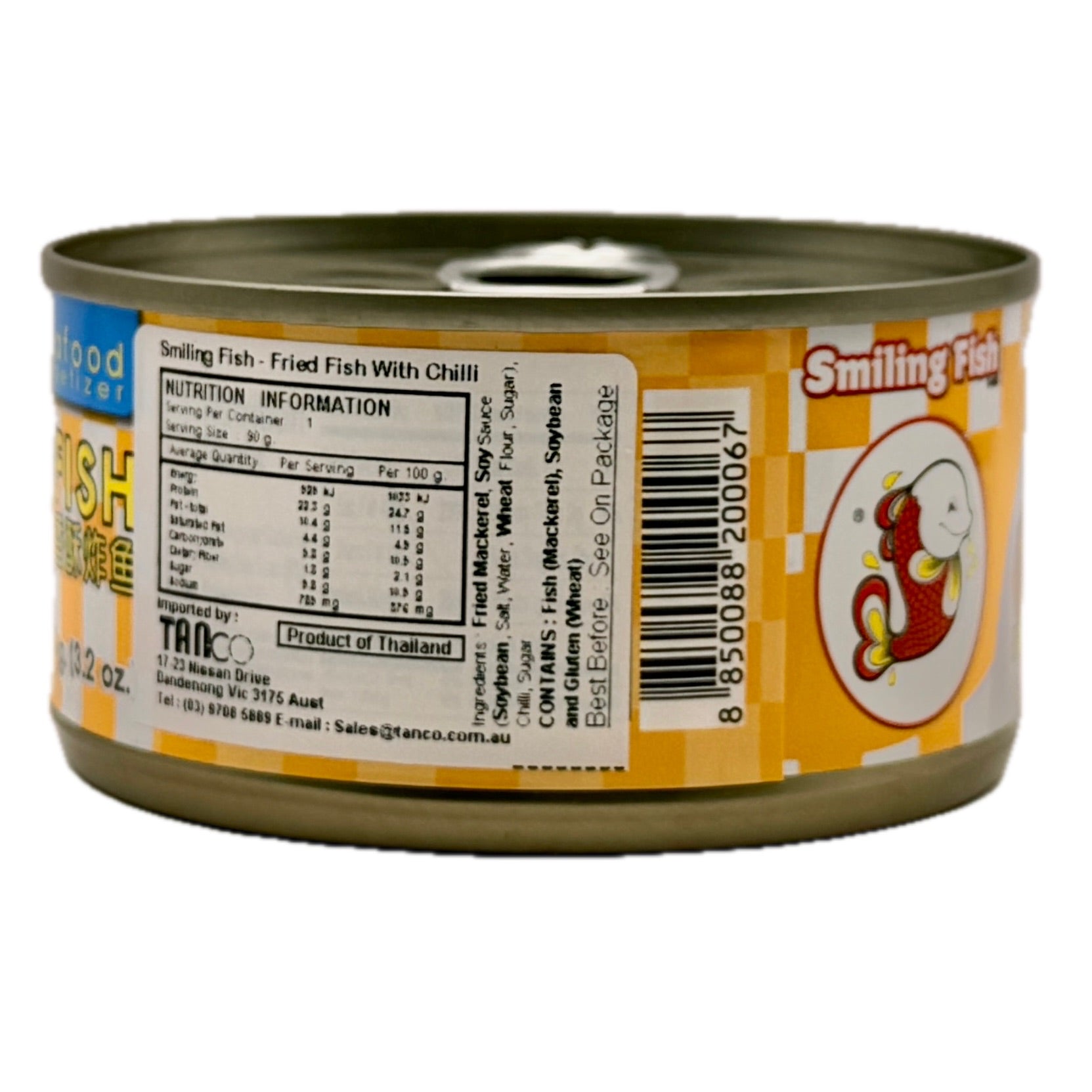 Smiling Fish Fried Fish with Chilli back label showing nutrition and Tanco importer details