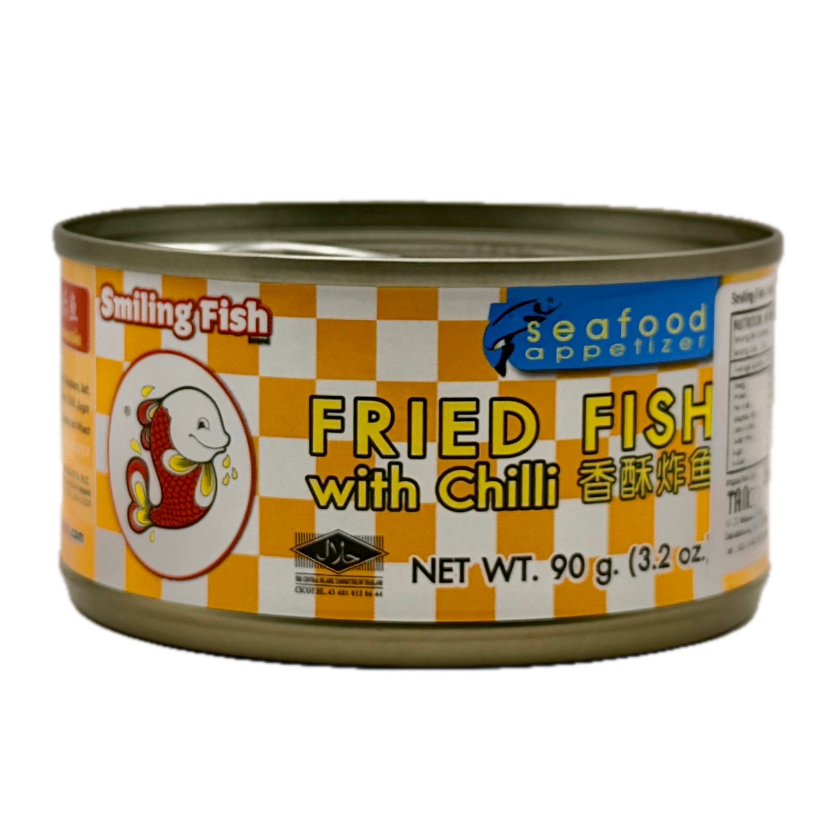 Smiling Fish Fried Fish with Chilli 90g can with orange and white checkered label