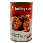 Smiling Fish Fried Mackerel in Chilli Sauce 93g red and white can showing thick mackerel pieces in chilli sauce