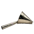 Large stainless steel kitchen funnel with long narrow spout on white background