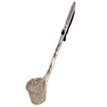 Stainless steel noodle strainer basket ladle with long handle and cylindrical mesh basket in plastic wrap