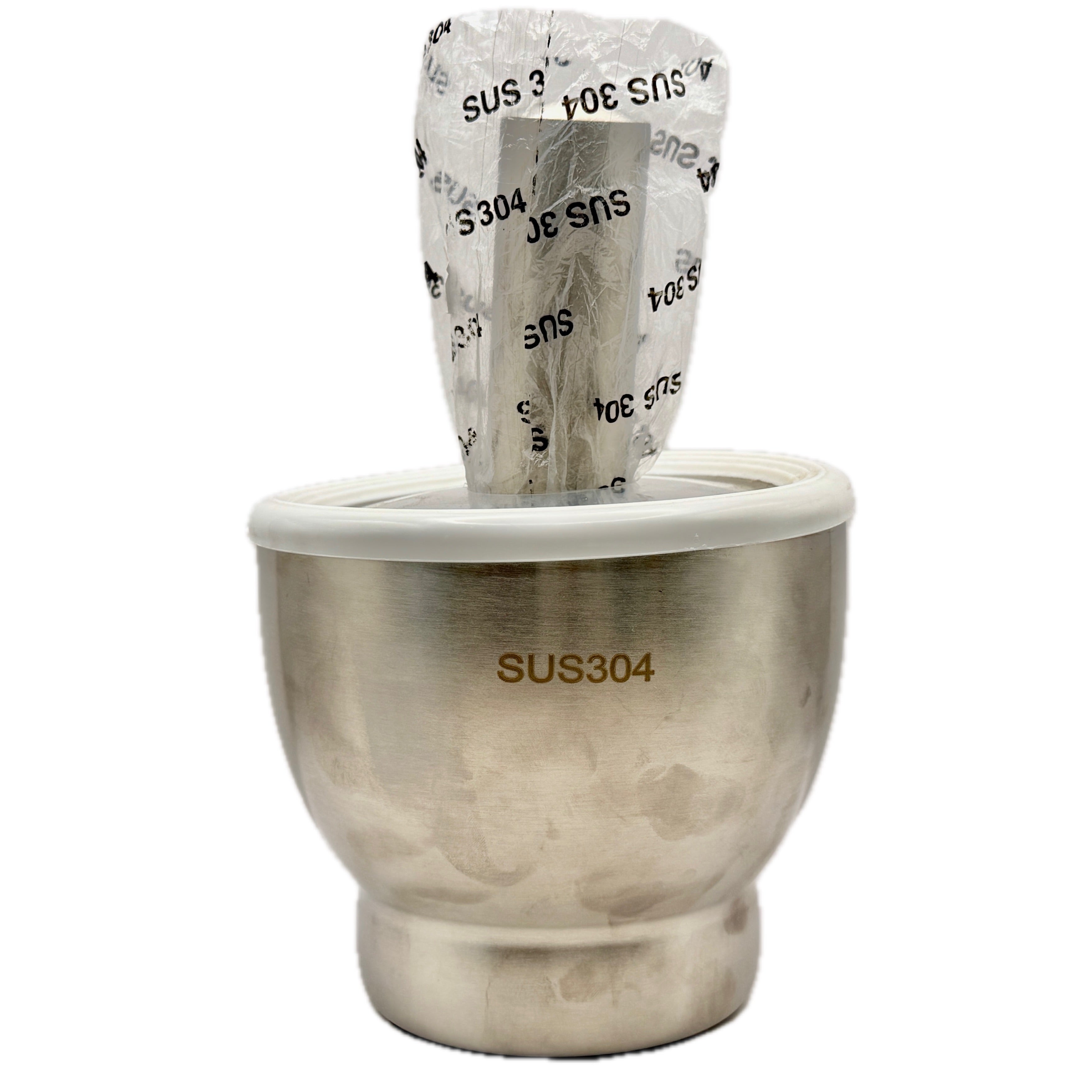 SUS304 stainless steel mortar and pestle set with pestle wrapped in branded packaging