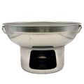 Thai aluminium hot pot with side handles sitting on alcohol burner base on white background