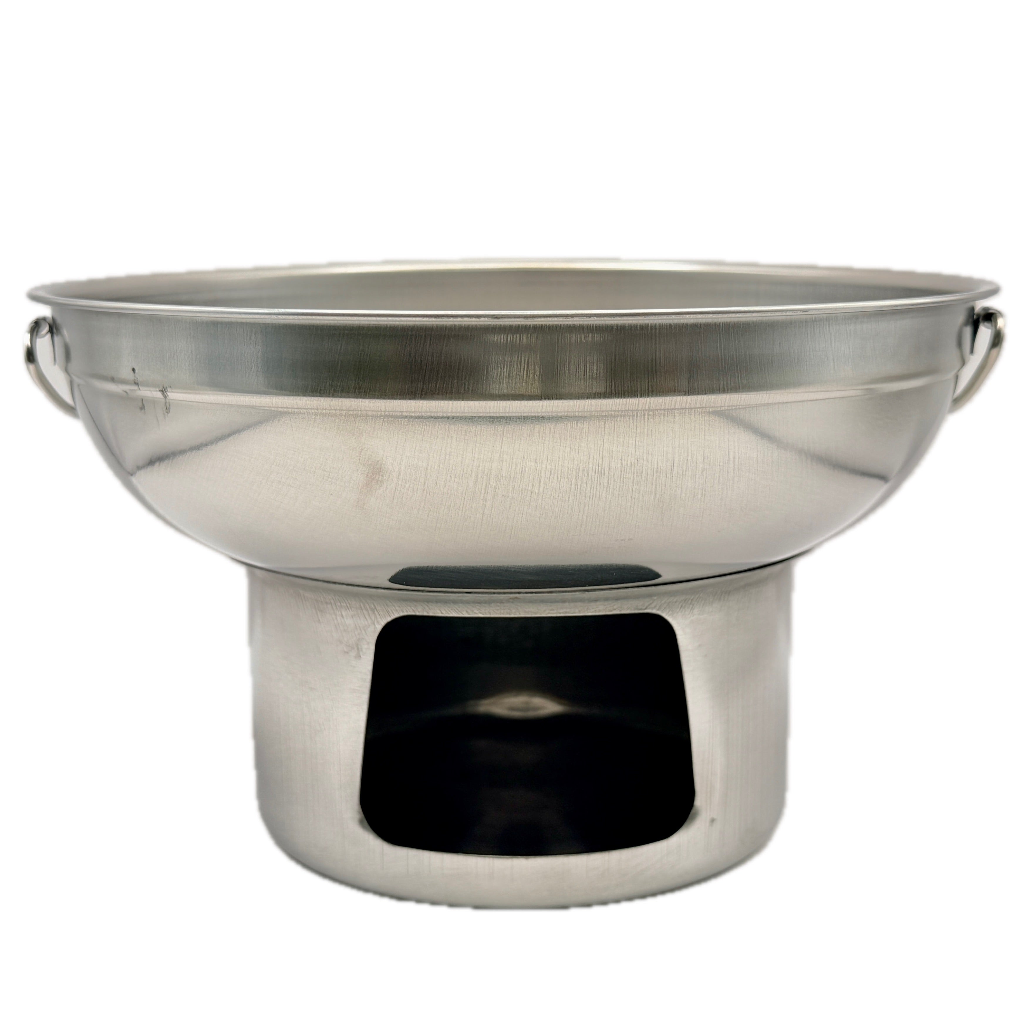 Thai aluminium hot pot with side handles sitting on alcohol burner base on white background