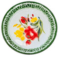 Thai enamel dinner plate with red and yellow floral design and decorative green border pattern in plastic wrap