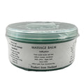 Container of massage balm with a white label on a white background