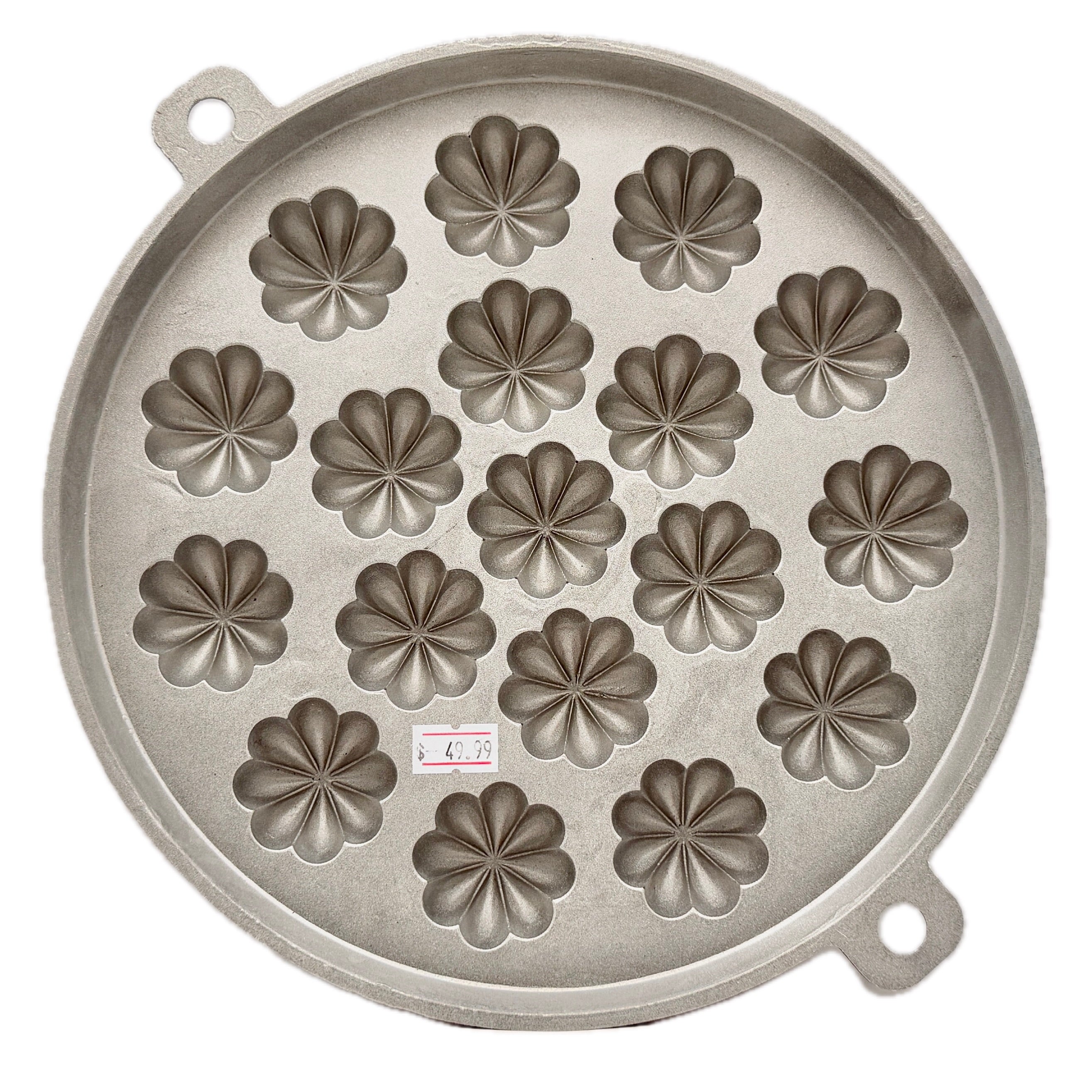 Cast aluminium Thai khanom krok flower mould pan with 18 cups on white background