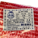 Close-up of Thai red heart PPT bags label showing size 9x14 inches, thickness 0.18mm and crab brand logo