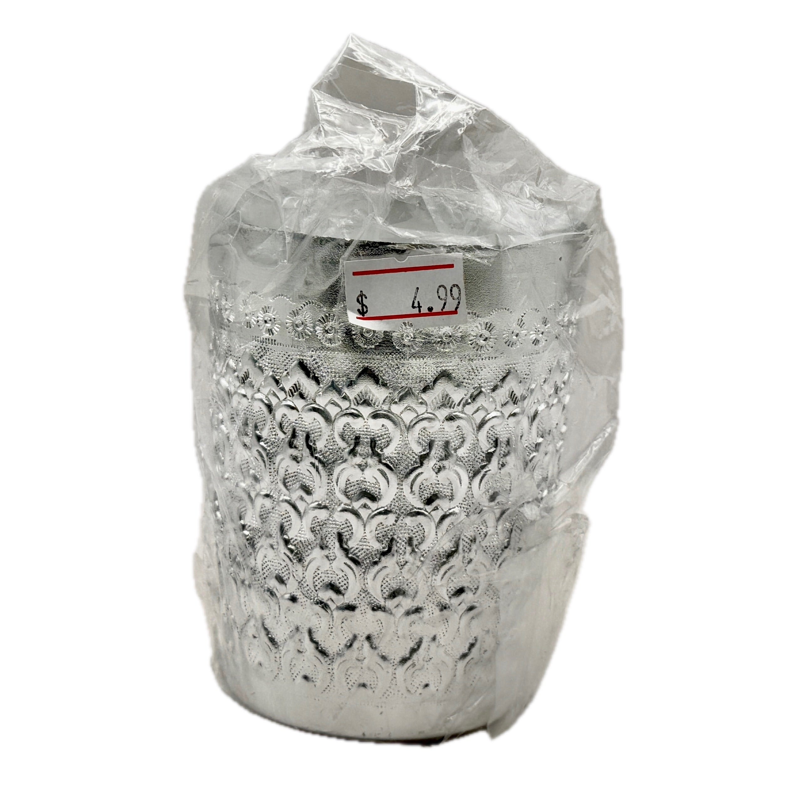 Thai silver embossed aluminium decorative cup with floral patterns in plastic packaging