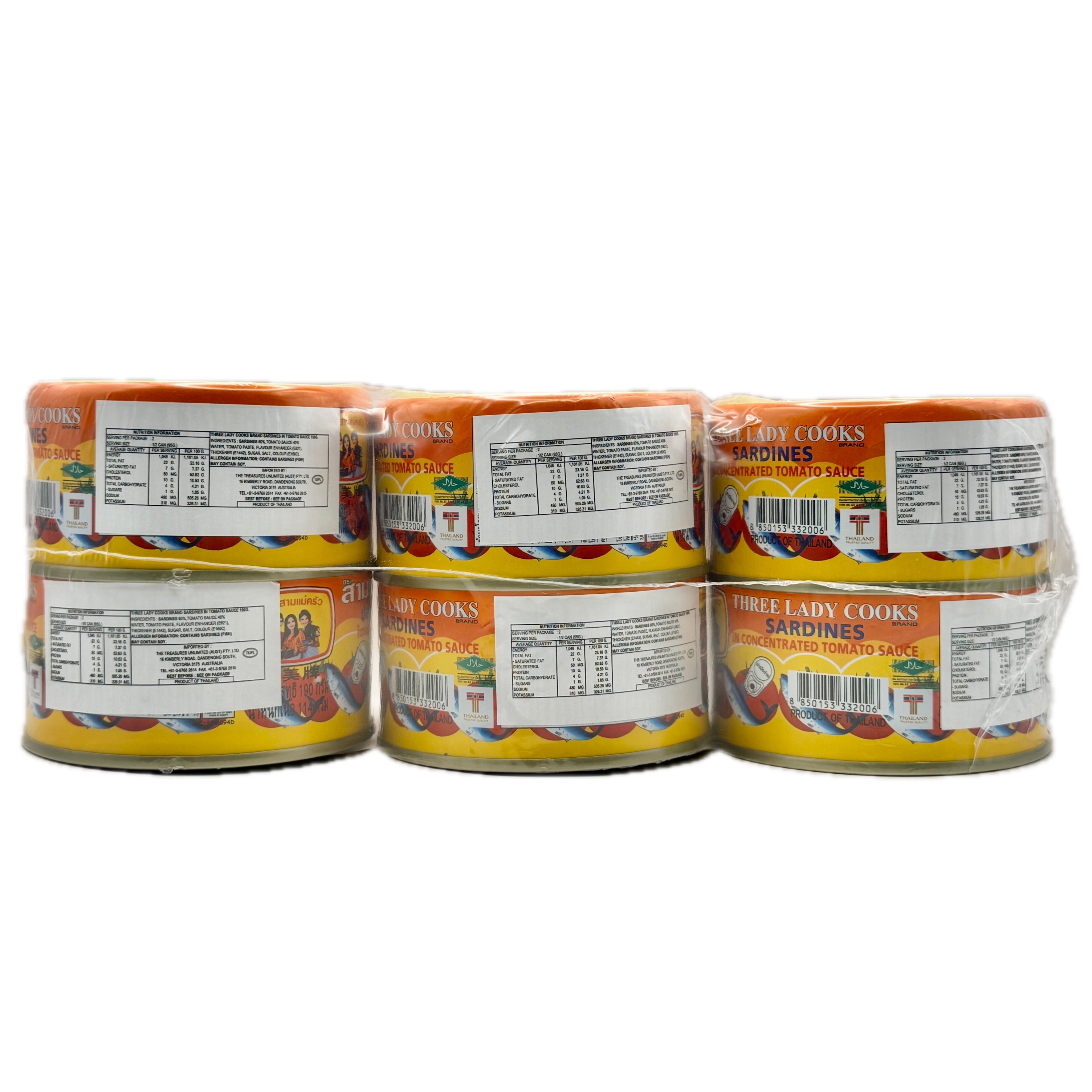 Three Lady Cooks Sardines 6-pack side view showing yellow orange cans with nutrition labels