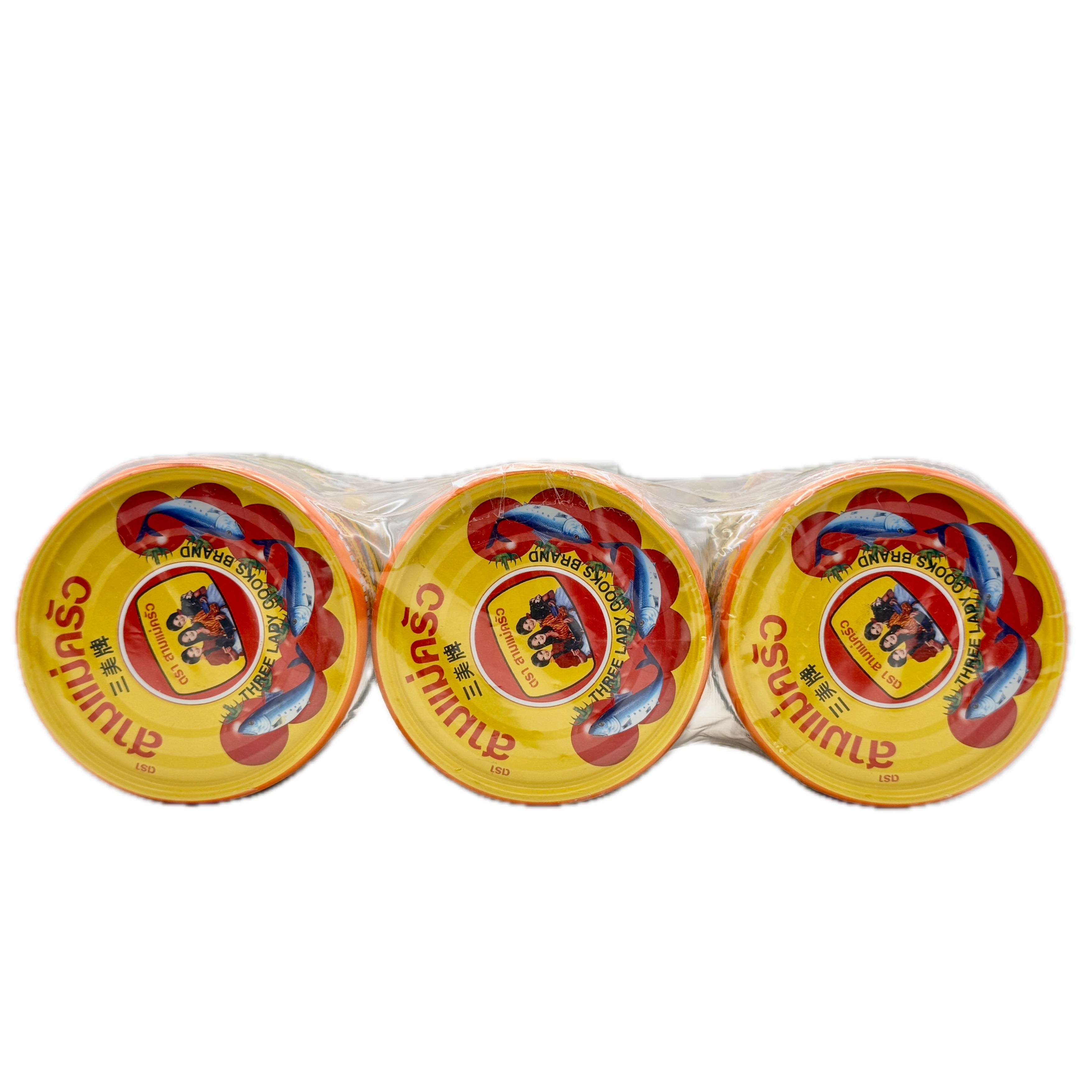 Three Lady Cooks Sardines 6-pack 190g cans shrink-wrapped together top view showing lids