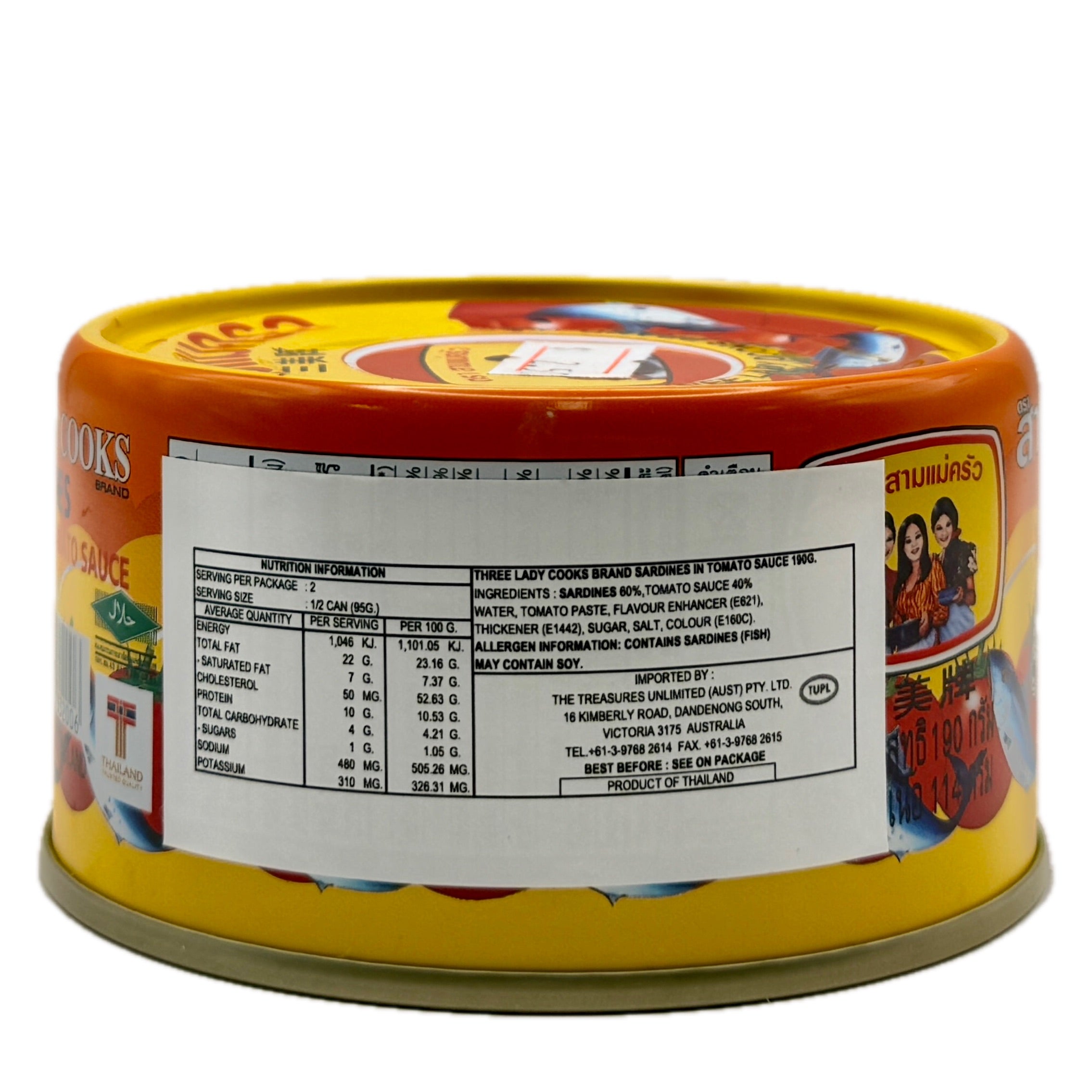 Three Lady Cooks Sardines 190g back label showing full nutrition information and ingredient list